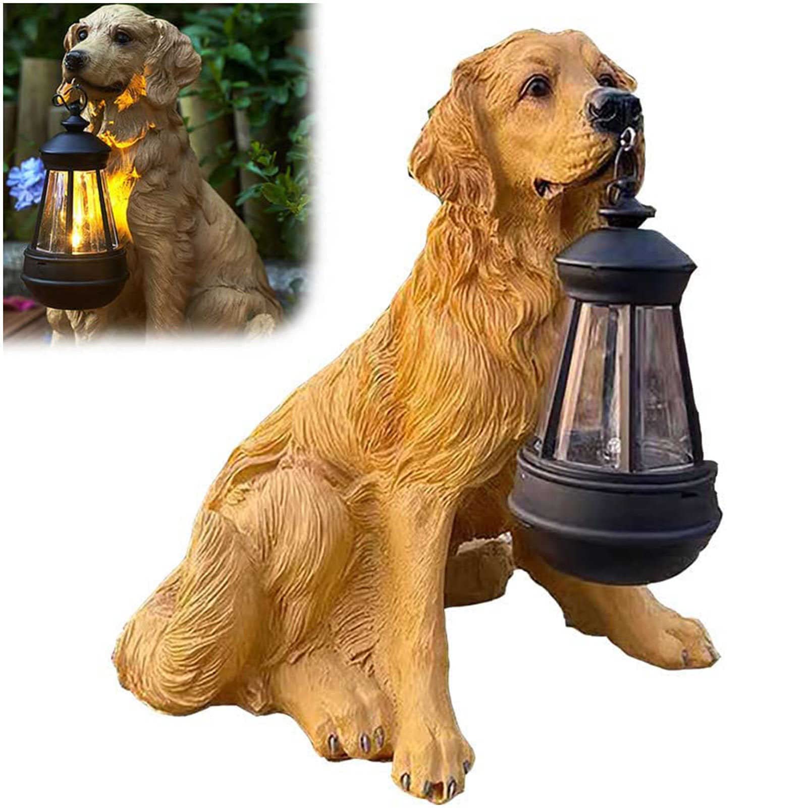 lfdhcn Solar Dog Statue with Lantern, Resin Golden Retriever Outdoor Ornament, Realistic Dog Garden Statues Windproof Light, for Garden Lighting and Décor