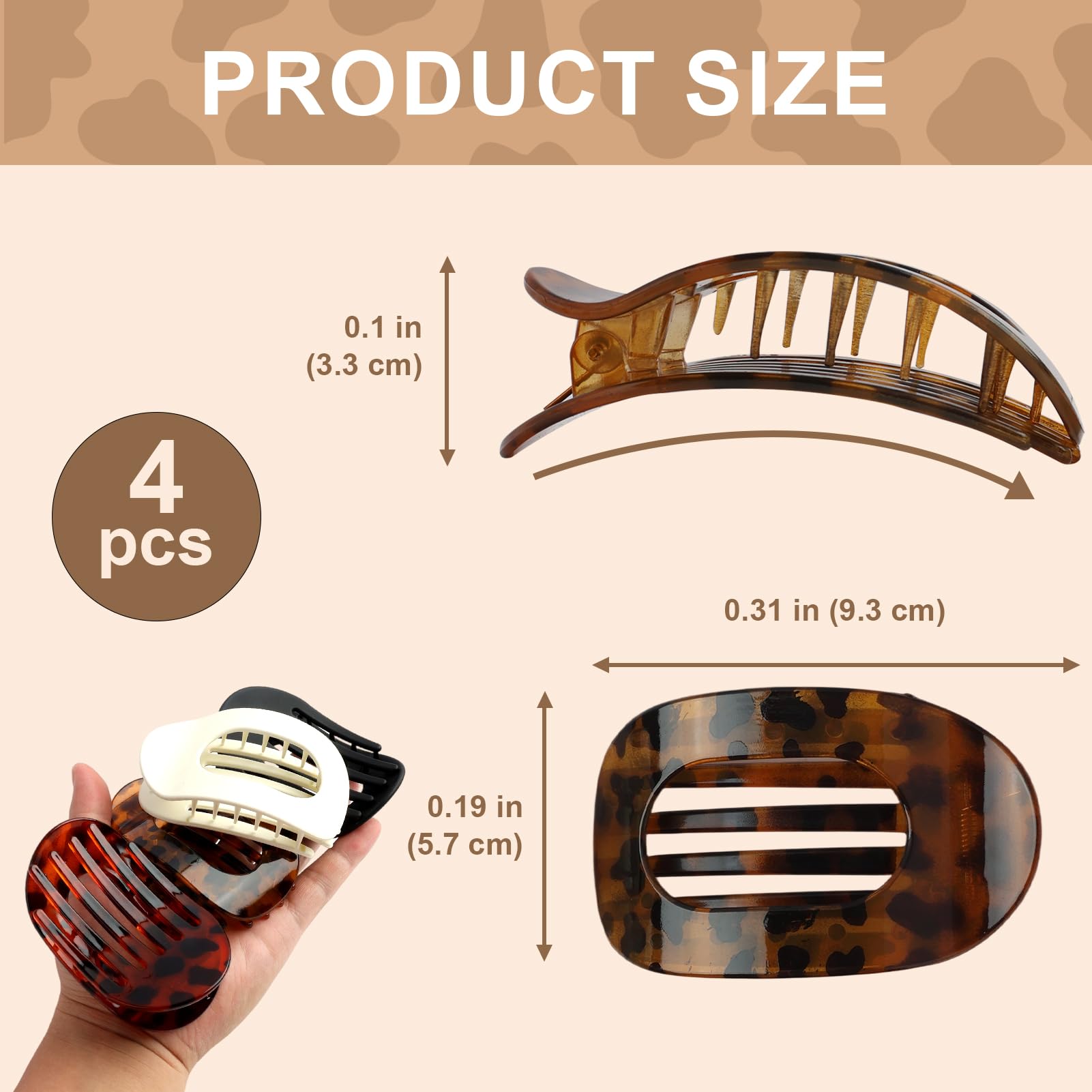 4-Pack Leopard Print Flat Hair Claw Clips for Women, Ergonomic, Curved Design for All Hair Types Including Thick Thin - Image 2