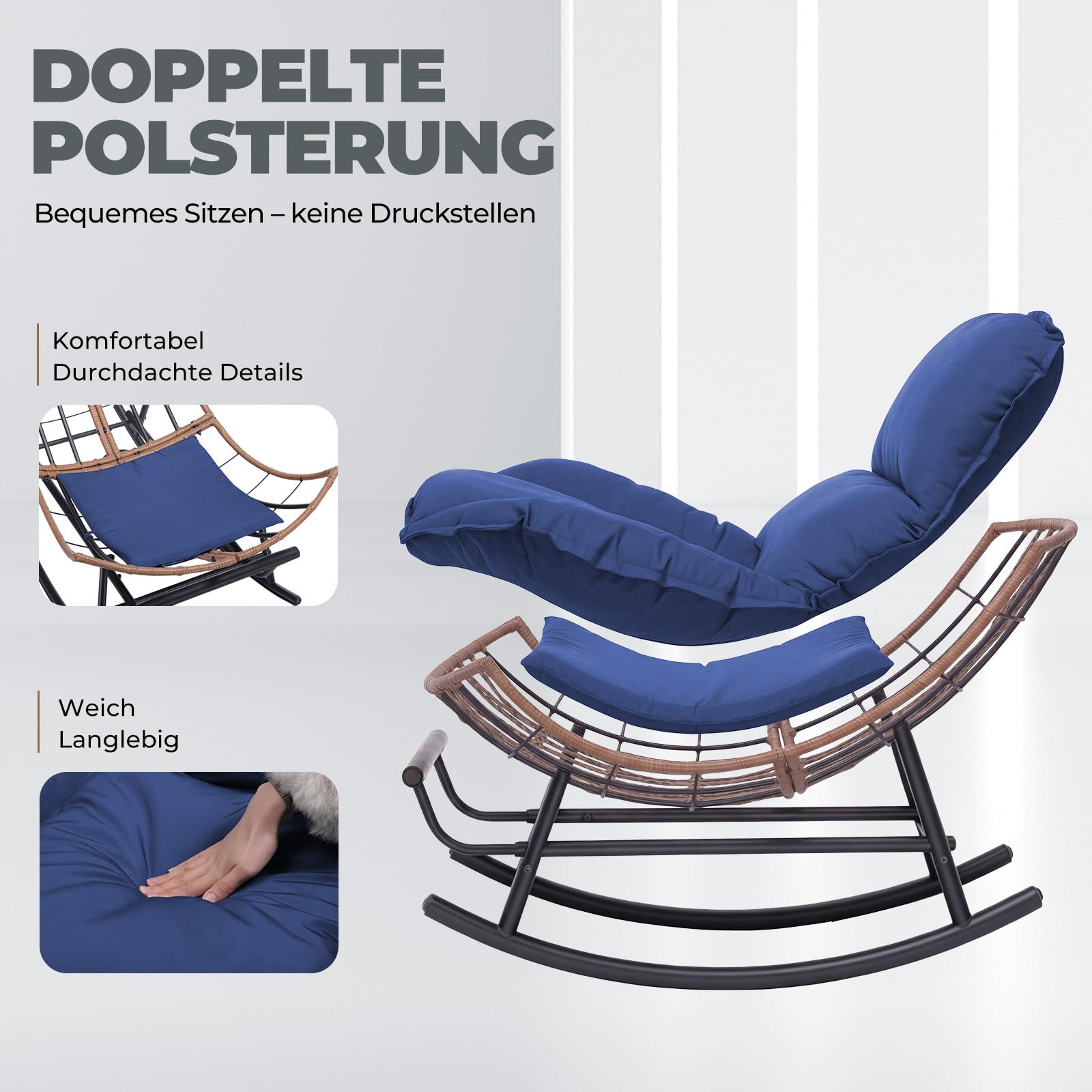 COMHOMA Schaukelstuhl, Schaukelsessel, Relaxsessel, Stahlgestell, ausziehbare Fußstütze, abnehmbares Kissen, bis 136 kg belastbar, Schlaf-, Wohnzimmer, Terrasse, Garten, blau