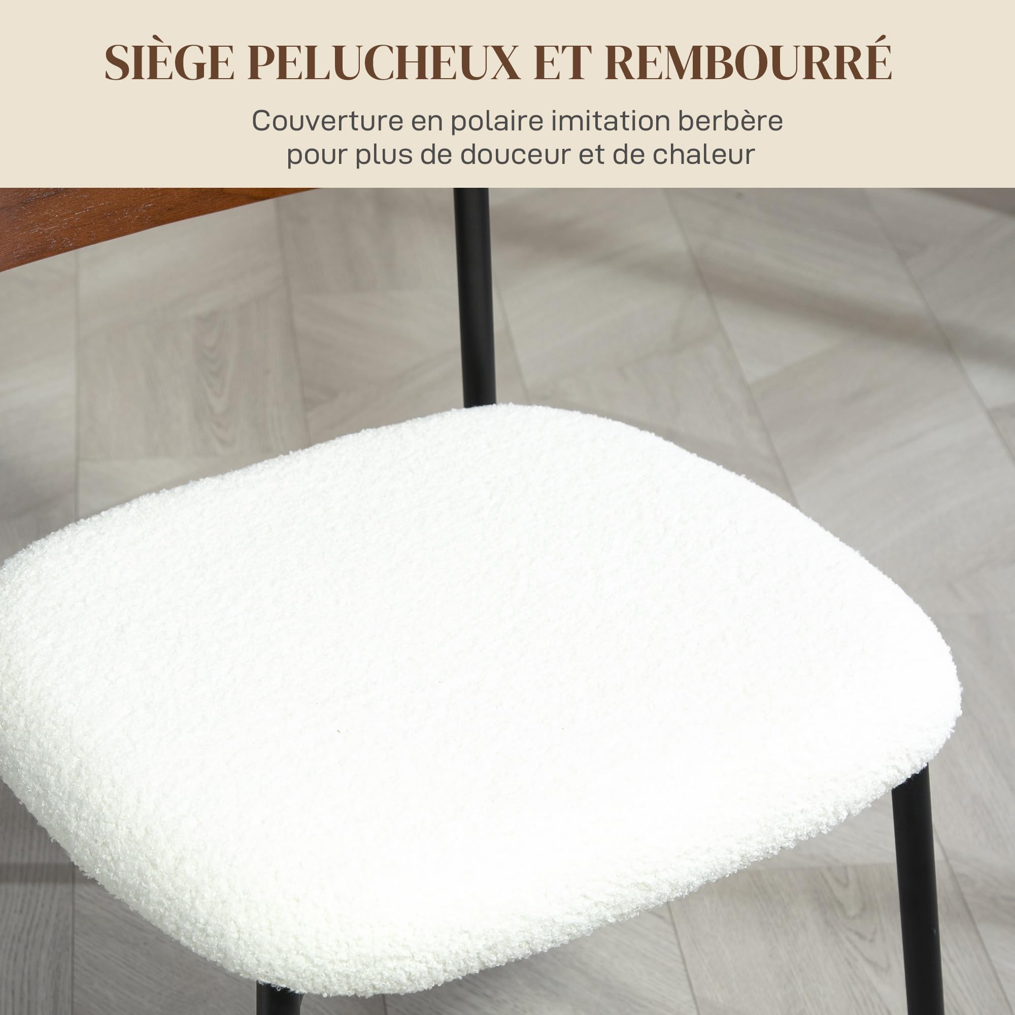 HOMCOM Lot de 2 chaises Salle à Manger Chaise de Cuisine Vintage Chaise de Salon rembourrée avec Assise Effet Bouclette, Dossier courbé Effet Bois pour Salon, Salle à Manger, Chambre, crème et Marron