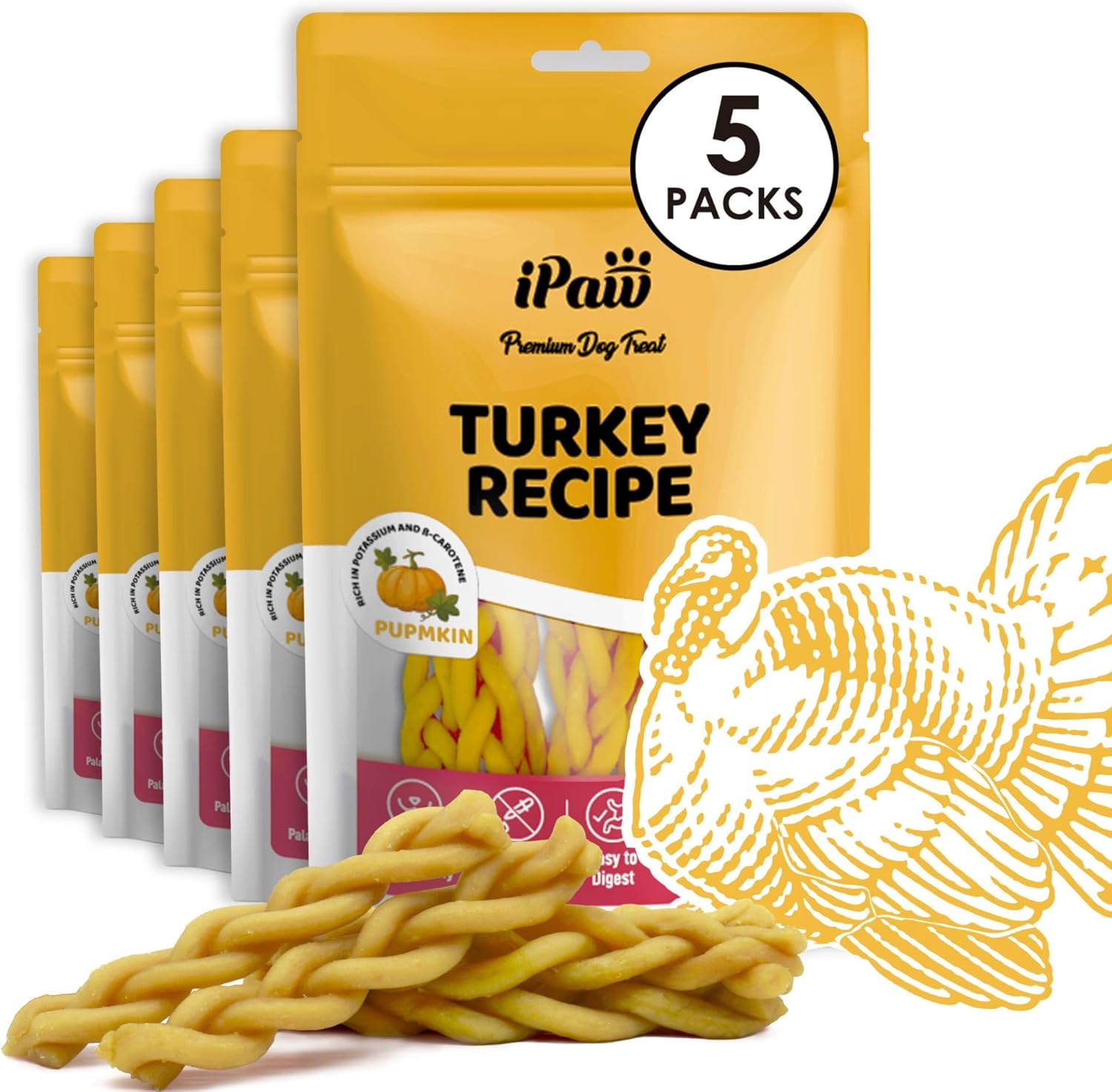 iPaw 5 Stock-Up Combo Turkey Dog Treats, All Natural Human Grade Dog Treat, Suitable for Training chew, Hypoallergenic, Rawhide Alternative, Braided Stick (Pumpkin)