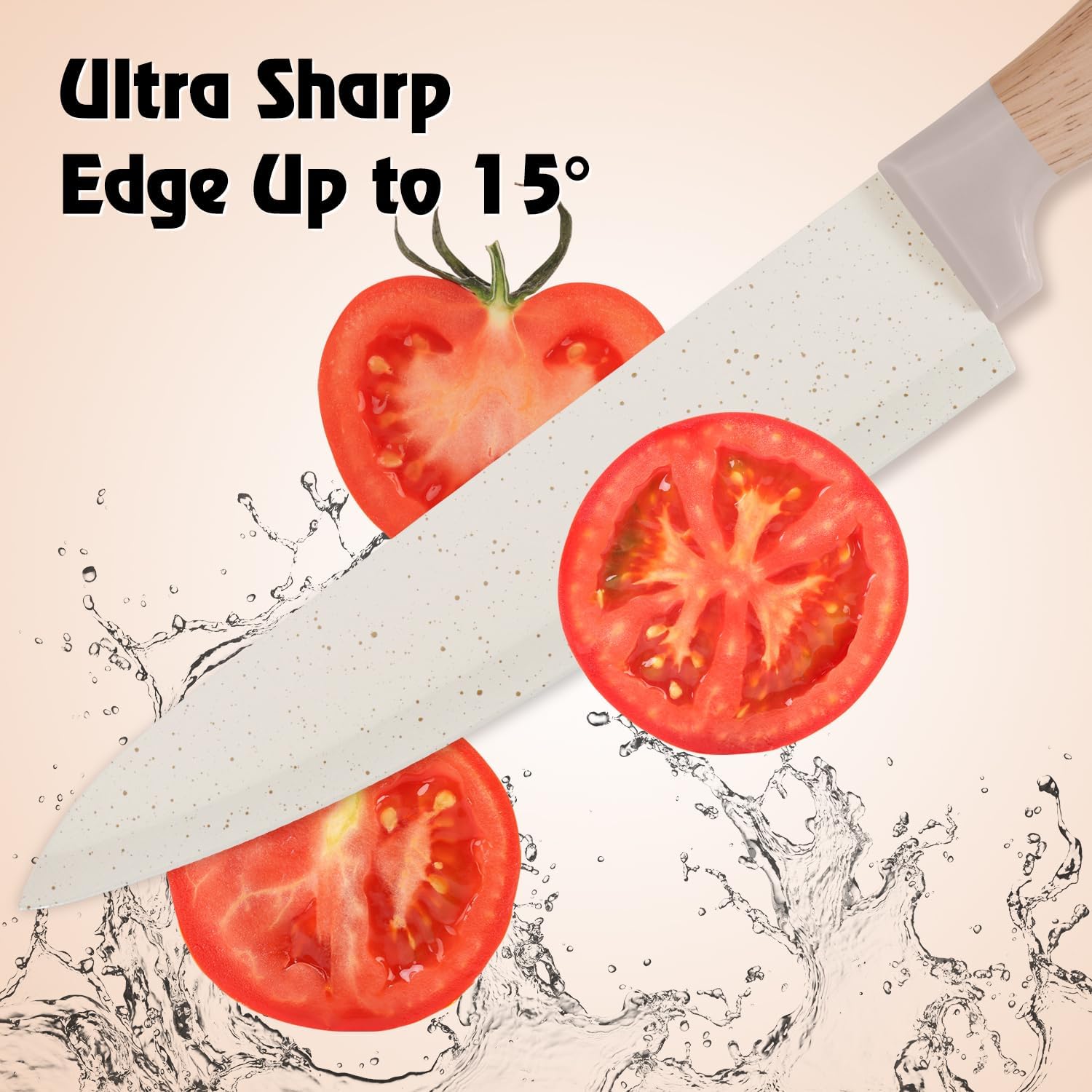 Knife Set, 15 Pcs Khaki Kitchen Knife Set for Home, Granite Nonstick Ceramic Coating, Stainless Steel Sharp Chef Knife Sets with Block, Wood Grain Handle, Ergonomic Non-slip Handle Knife Block Set - Image 4