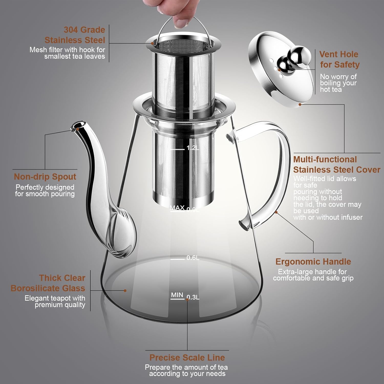 Glass Teapot, 1200ml (40oz) Tea Pot with Infuser for Loose Tea and Blooming Tea, Stovetop Safe Tea Kettle, Hand Crafted Borosilicate Glass Tea Maker with Scale Line, Tea Gift Set for Tea Lovers - Image 2