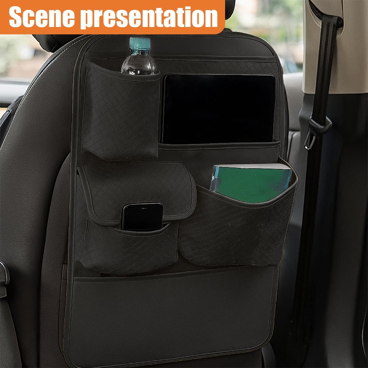 Car Backseat Organizer, Leather Auto Seat Back Kick Mats Protector, Multi-Pocket Car Rear Seat Hanging Storage Bag with Tissue Holder, Travel Accessories for Most Cars SUV Truck(Black)