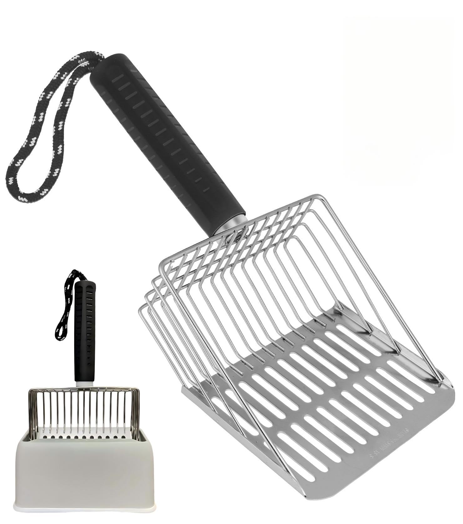Cat Litter Scoop with Holder, Solid and Durable Metal Litter Scoop, Stainless Steel Litter Box Scooper, Heavy Duty, Black Rubber Handle