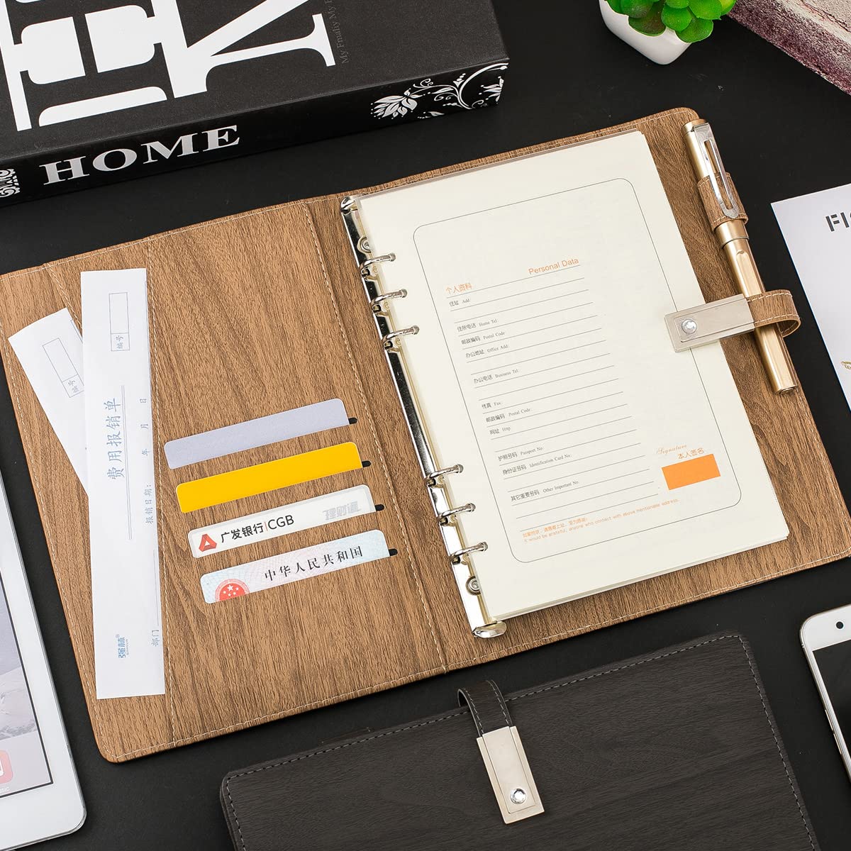 Classeur A5, classeur A5 à 6 anneaux avec clé USB 16 Go, porte-cartes, porte -crayon pour papier A5 (sans papier) - Organiseur de voyage pour homme et femme (bois