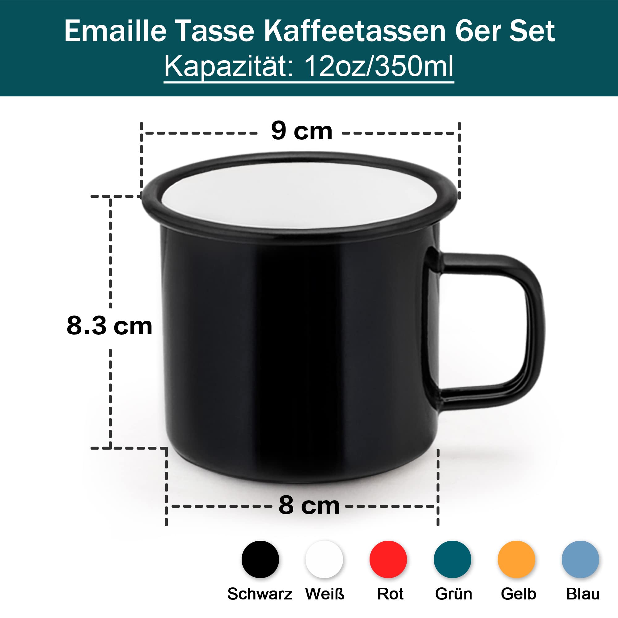 Herogo Juego de 6 tazas de esmalte, tazas de café blanco/negro/rojo/azul/verde/amarillo, tazas de té esmaltadas de porcelana con asa para camping, casa, fiesta, reutilizable y portátil, 350 ml