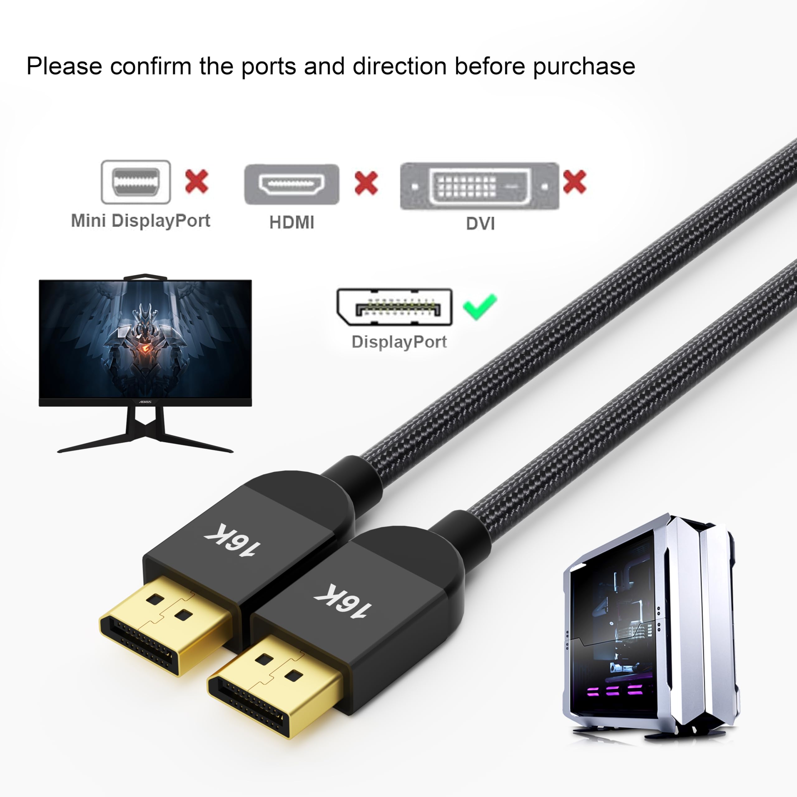 Displayport Cable 2.1 10ft, 80Gbps UHBR20 16K@60Hz, 8K@120Hz, 4K