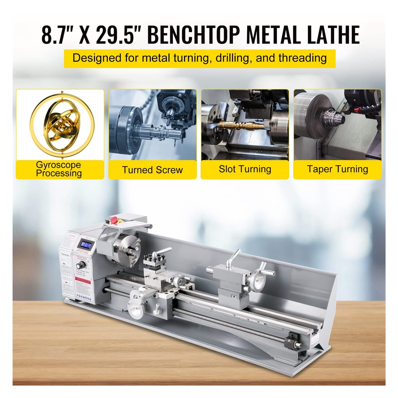 Mini tokarka metalowa 8,7 X 29,5 cala / 220 X 750 MM 750 W Bezstopniowa dioda LED prędkości do obracania powierzchni przeciwnej Materiały budowlane