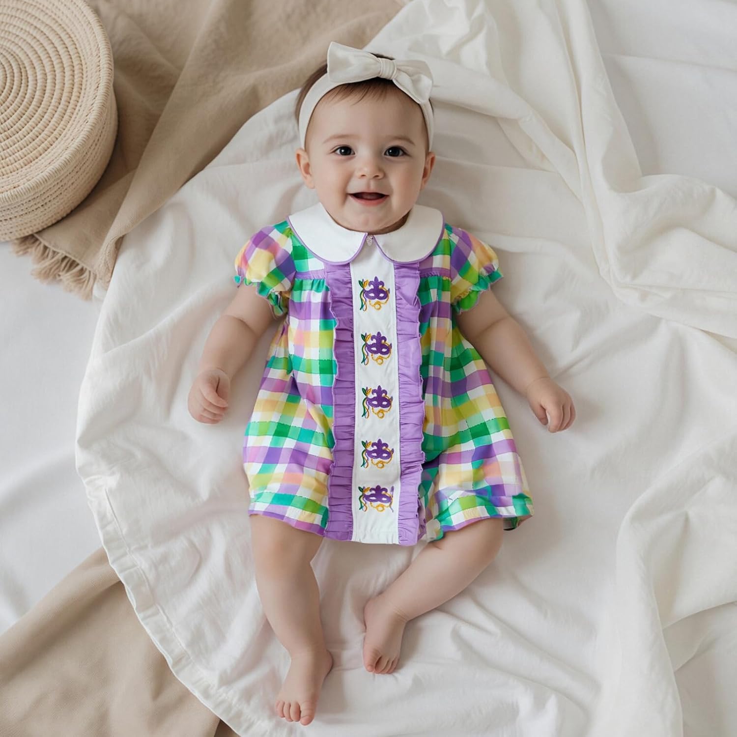 Honganda Cute Toddler Baby Girl Carnival Dress Doll Collar Bubble Sleeve Ruffle Plaid Mini Dress Holiday Mardi Gras Outfit - Image 2