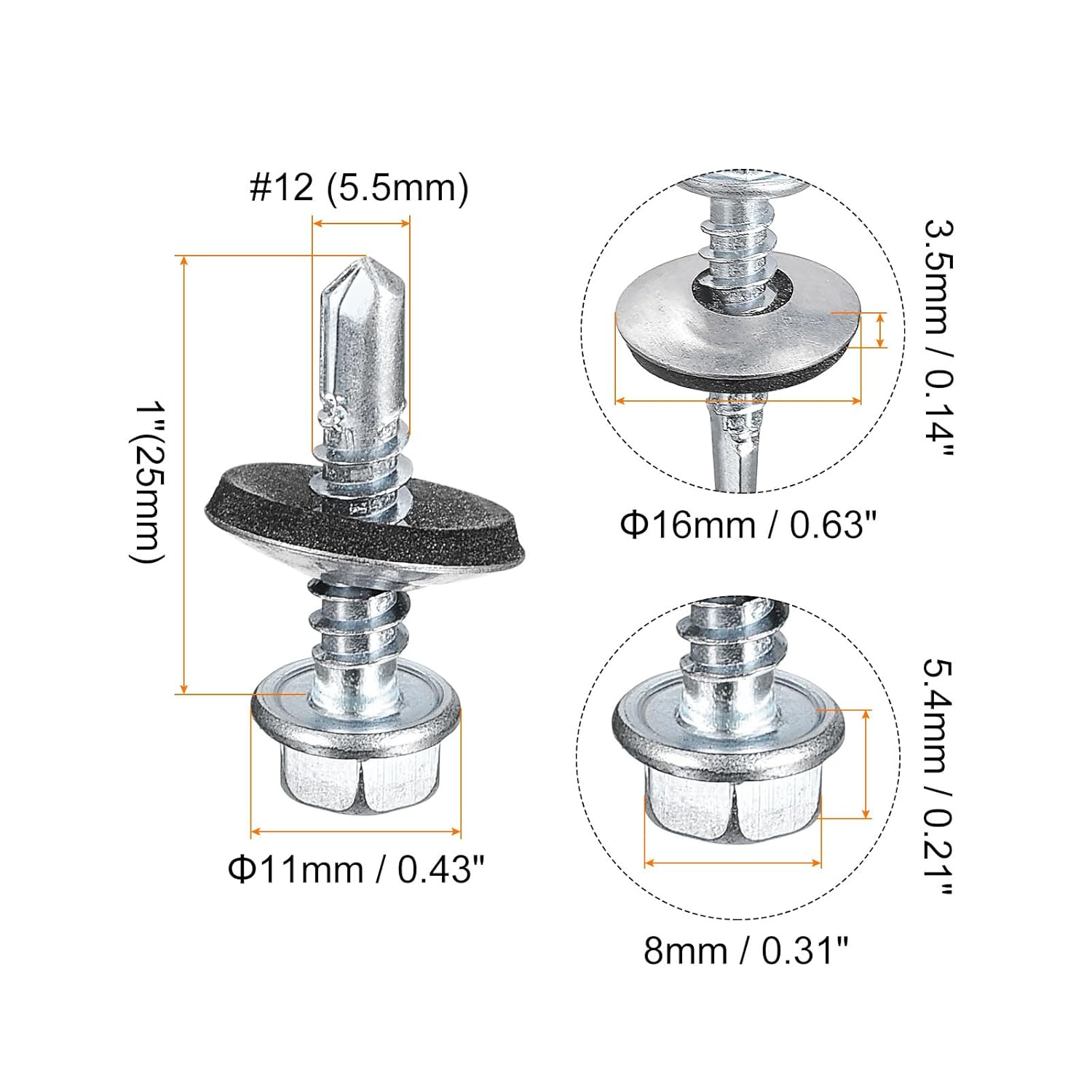 uxcell #14x1-1/2 Self Drilling Screws with Rubber Washer, 200Pcs Zinc Plated Finish Hex Head Self Tapping Screws with EPDM Washer for Metal