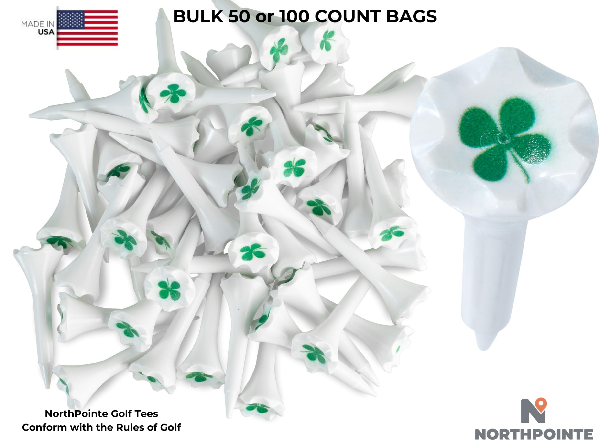 NorthPointe Golf-Tees aus Kunststoff – kurze Tees für Eisen, Par Threes, Hybrids, und Driving Range – 50 oder 100 Stück in Weiß und langlebigem Kunststoff (50, Kleeblatt, 1 1/2)
