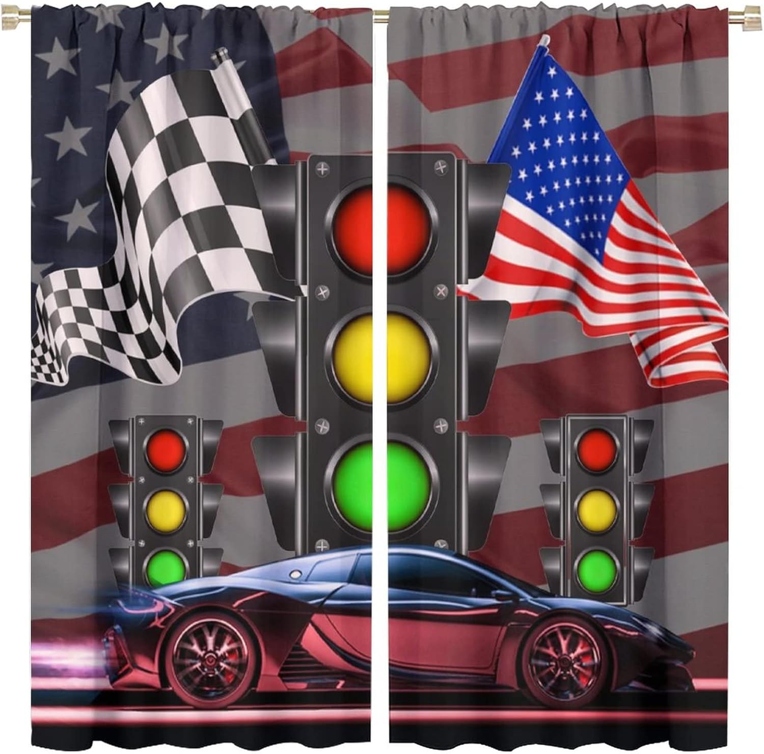 Teens Race Car Rod Pocket Blackout Curtains for Living Room,Thermal Insulated Room Darkening Cool Racing Car Extreme Speed Sports American Flag Design Curtains,2 Panels 63L x 31.5W
