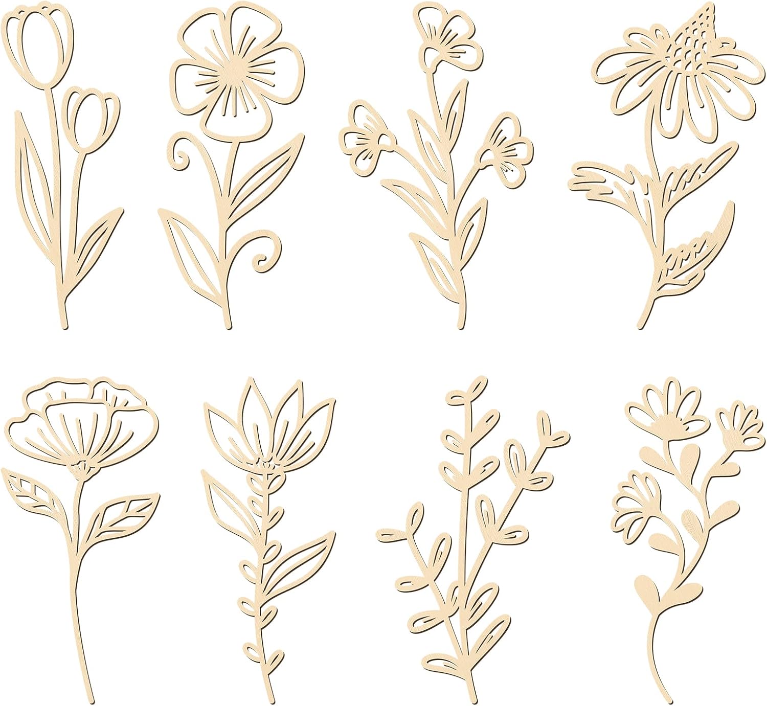 PerKoop 8 Pcs Wooden Flowers Wall Decor Boho Wildflowers Hanging Sculpture Wood Floral Cutouts for Nursery Bedroom Living Room Housewarming Gifts for Home Decorations(Elegant Style)