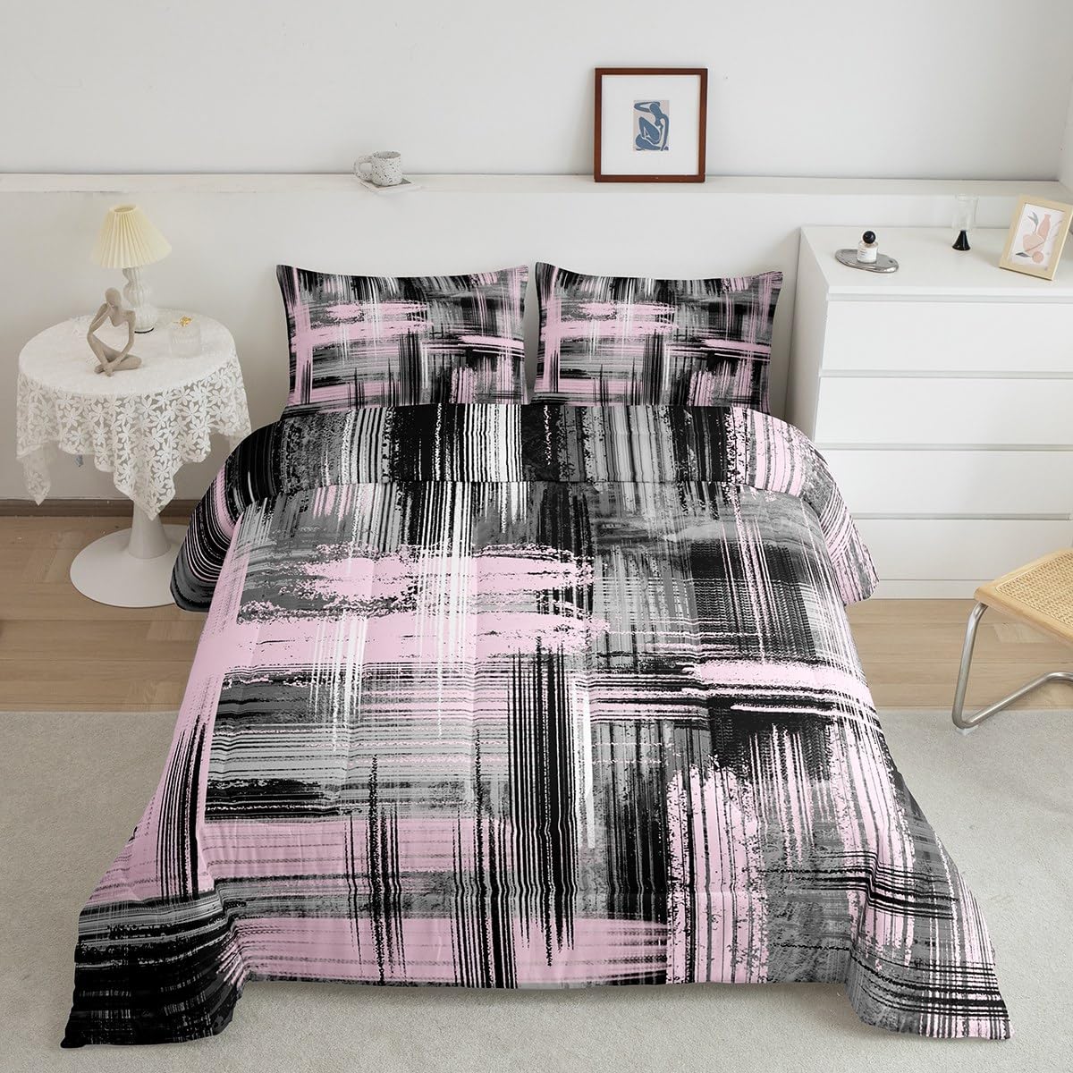 Feelyou Abstract Comforter Set King Size, Modern Abstract Art Comforter Set Pink Black Pattern Comforter for Kids Toddler Boys Girls Geometric