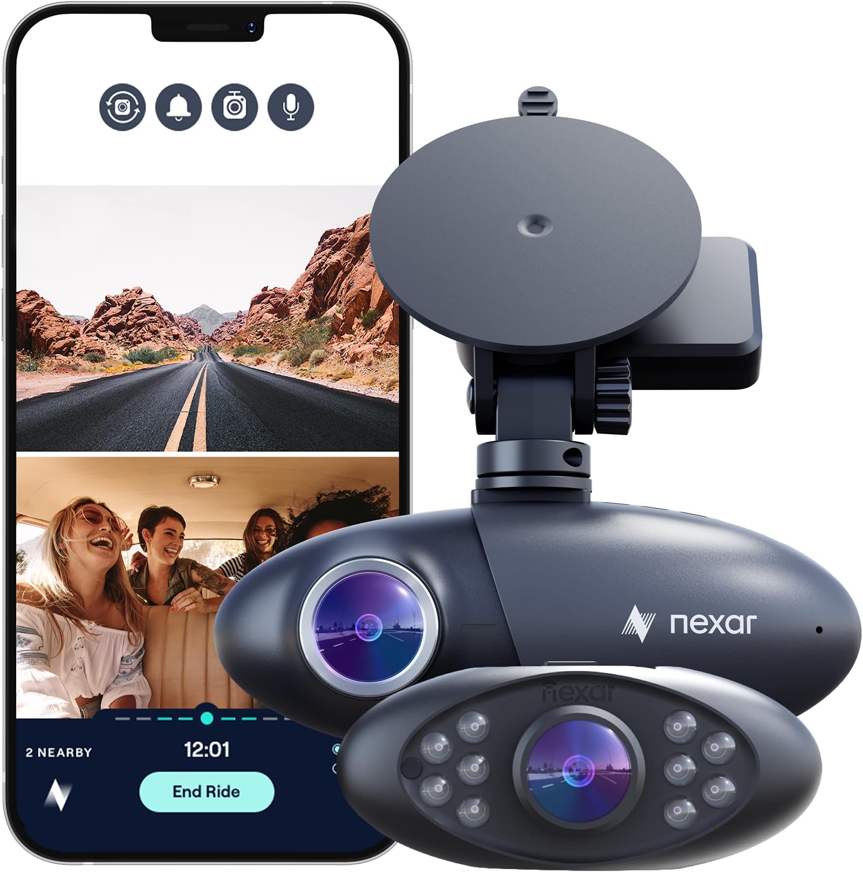 Nexar Pro GPS Dash Cam System – Dual Dashcam Front and Interior Dash Camera for Cars with 64GB SD Card Unlimited Cloud Storage 24/7 Parking Mode Night Vision and 1-Year Nexar Classic App Subscription