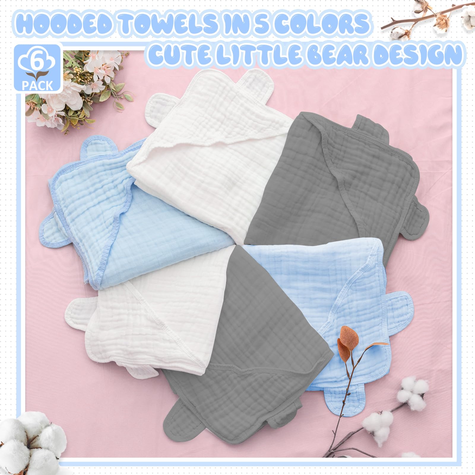 Preboun 6 toallas de muselina con capucha para bebé, de algodón, absorbentes, de 6 capas, lindas toallas de baño para recién nacidos, niñas, niños pequeños, suministros de regalo (gris, azul, blanco)