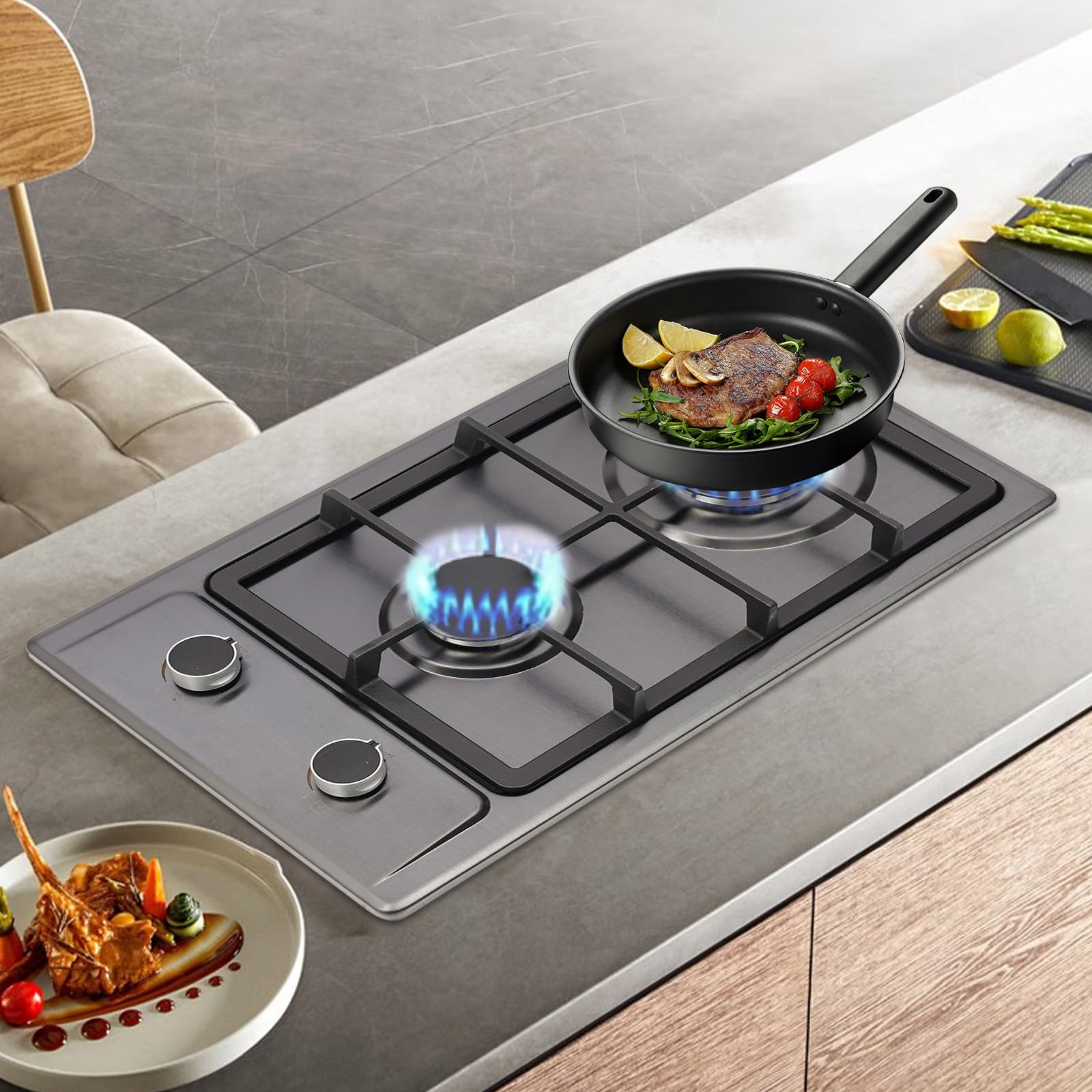 2-Flammiges Edelstahl-Gaskochfeld (3 kW + 1,75 kW) Tragbarer Outdoor-Campingkocher, NG/LPG konvertierbar, Outdoor Gasherd Schwarz