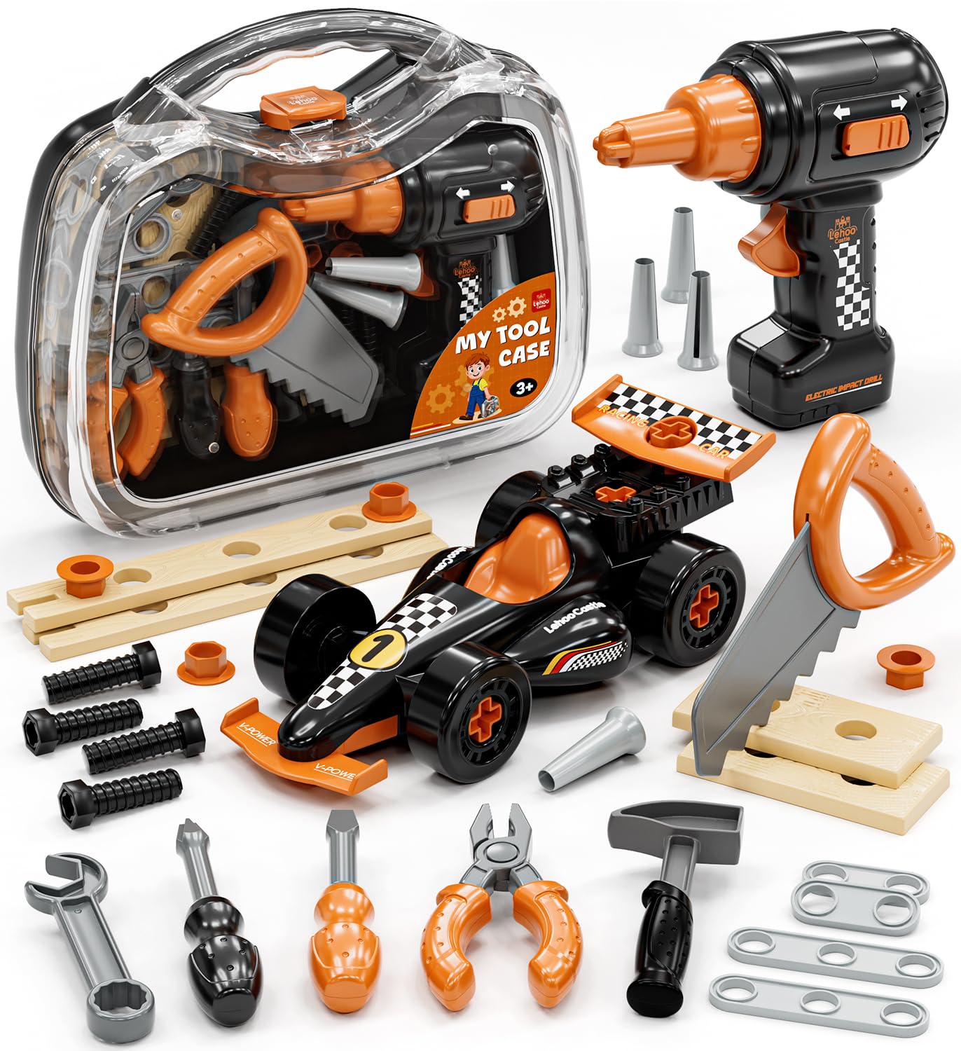 Lehoo Castle Kids Tool Set with Toy Drill & Take Apart Race Car, STEM Construction Toys Kit for 2-5 Year Old Boys, DIY Build Your Own Car Learning Gift with Portable Tool Box — image 1