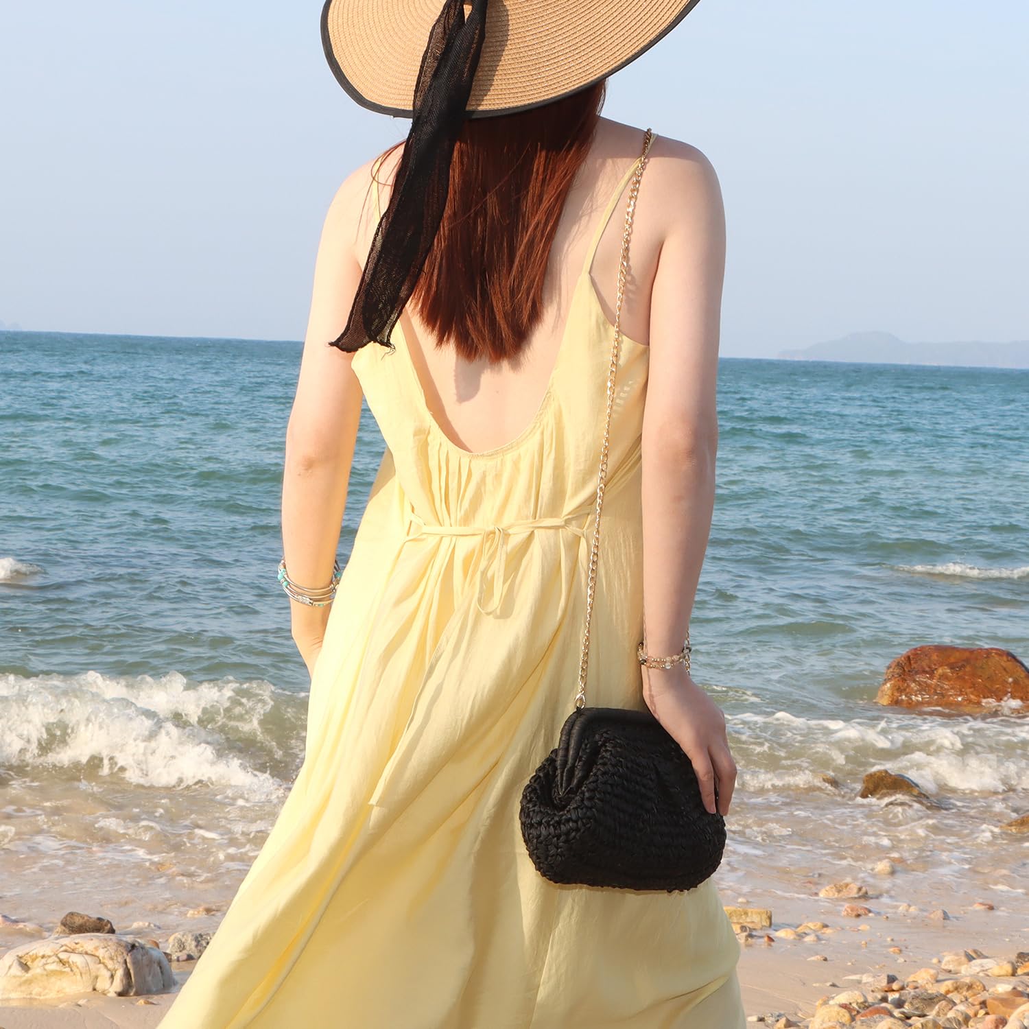 EVEOUT Clutch de Paja Mujer Bolso Nube de Boda Fiesta Paja con Cadena Bolsos bandolera Tejido para Vacaciones Playa