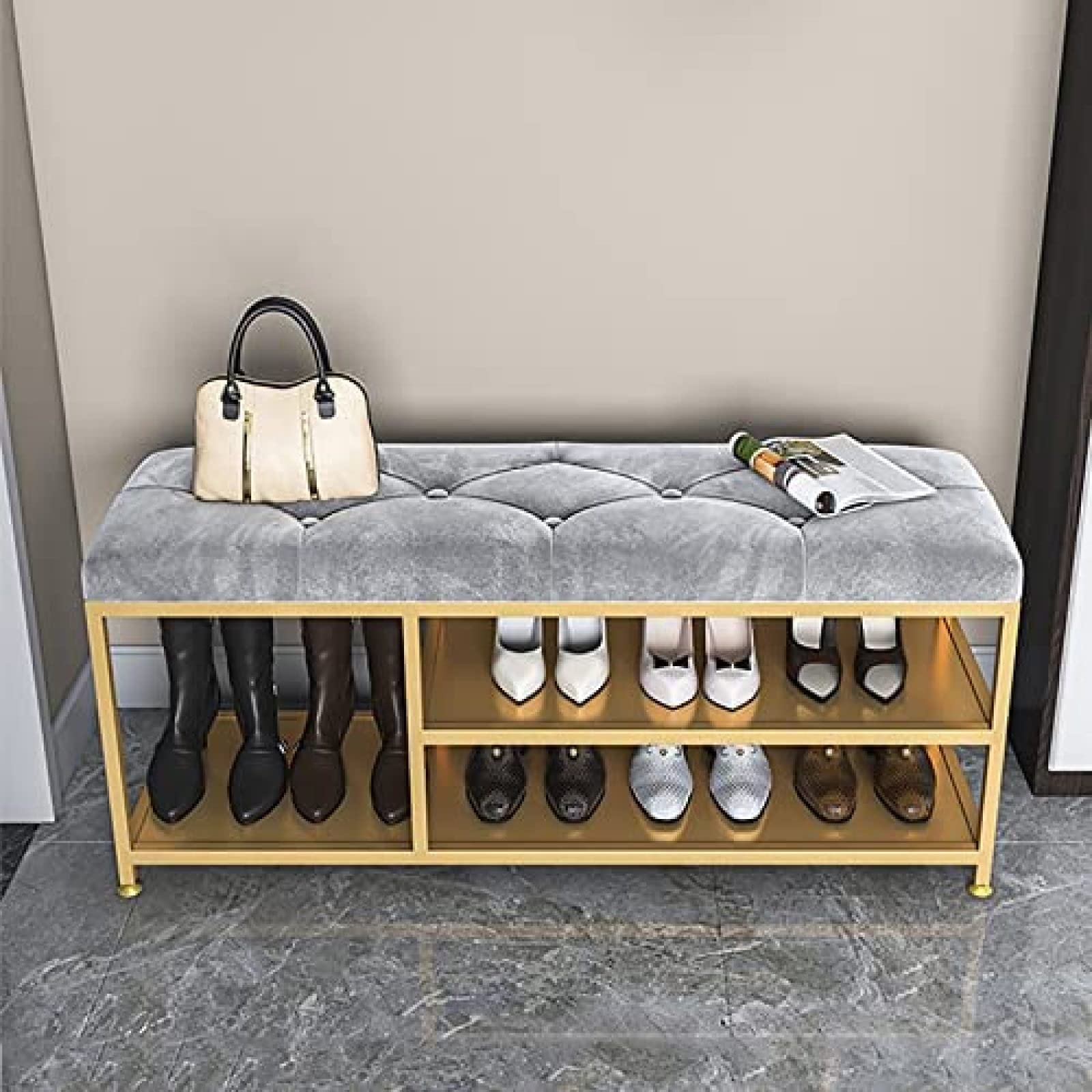 Banc à chaussures rembourré doux gris 80cm avec meuble de rangement pour bottes