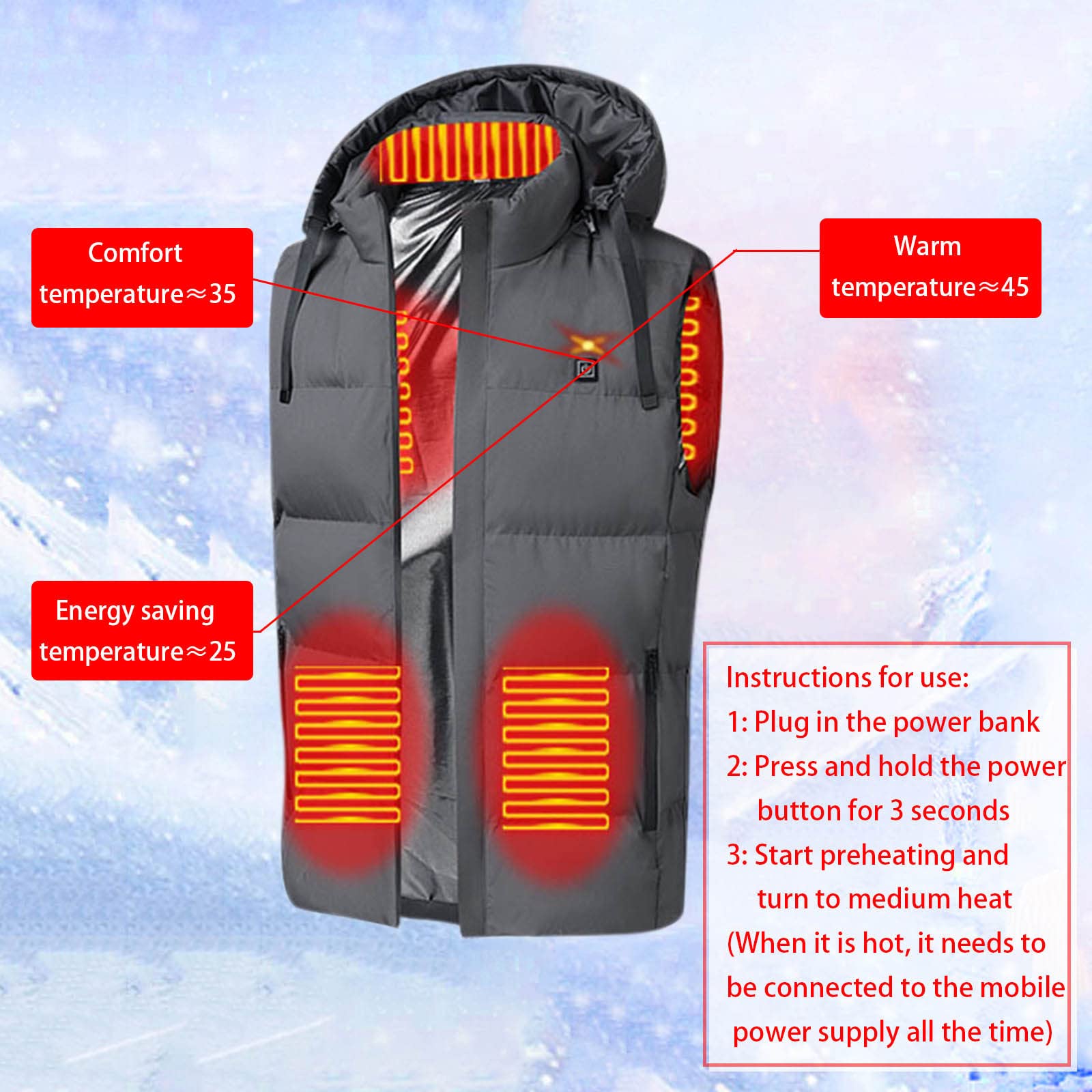 Gilet riscaldabile unisex, 3 temperature regolabili, giacca riscaldata con cappuccio, 7 zone di riscaldamento, USB, da uomo e da donna, senza maniche, per escursioni, moto, caccia, sci