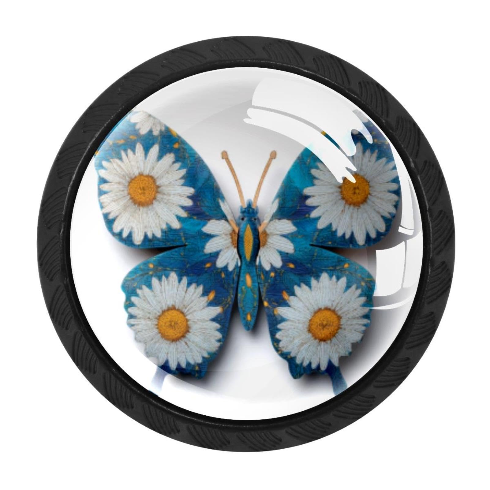 CHENZZZZ Daisy Flowers Butterfly Wooden (2) Drawer Knobs Pull Handle Crystal Glass Circle Shape Cabinet Drawer Pulls Cupboard Knobs with Screws for Kitchen Cupboard Dresser Wardrobe etc