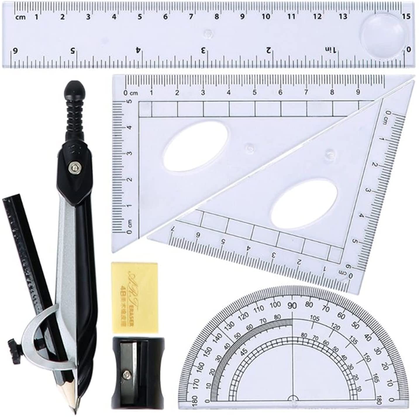 AKAZI Geometrie-Set Professioneller Kompass Mathe-Geometrie-Winkelmesser Zeichnen Kompass Lineal Dreieck Mathe-Studien-Tool-Kit Schulbedarf (7 Stück/Set) Kompass-Set