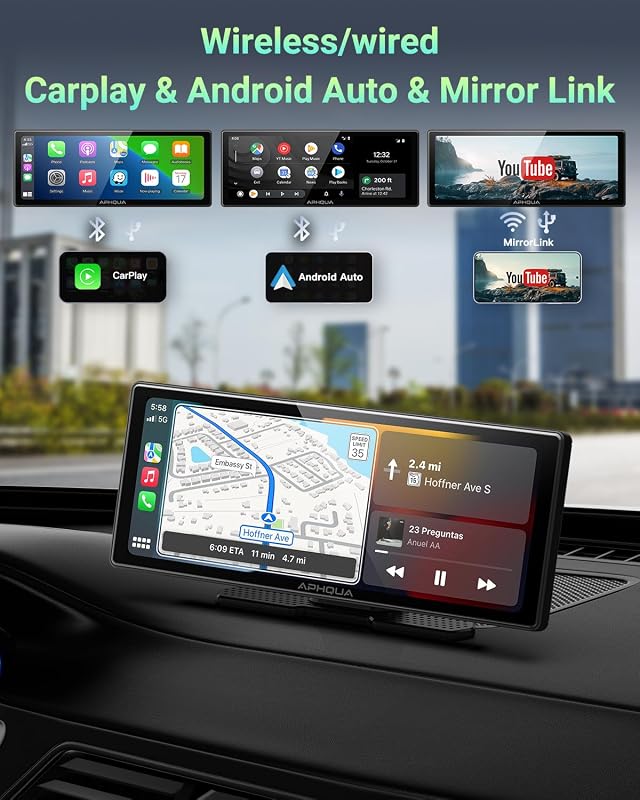 aphqua 10.26" Hordozható Autós Kijelző Apple CarPlay Android Auto GPS Navigáció Bluetooth Érintőképernyő IPS Touchscreen USB AUX FM