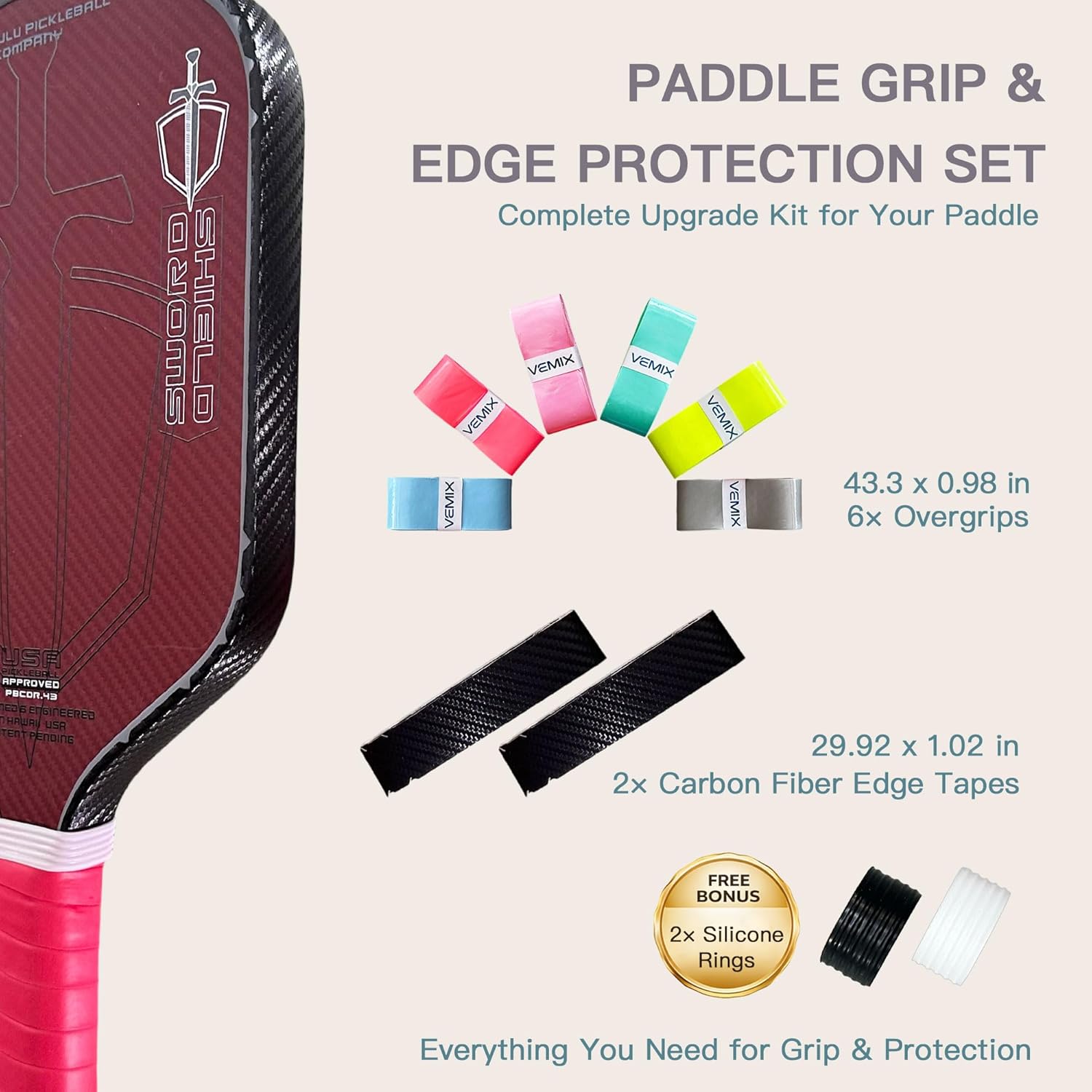 Pickleball Grip & Edge Guard Set - Paddle Overgrip with Carbon Fiber Edge Protection, Non-Slip Sweat-Absorbing Replacement Wrap (Multi-Pack)