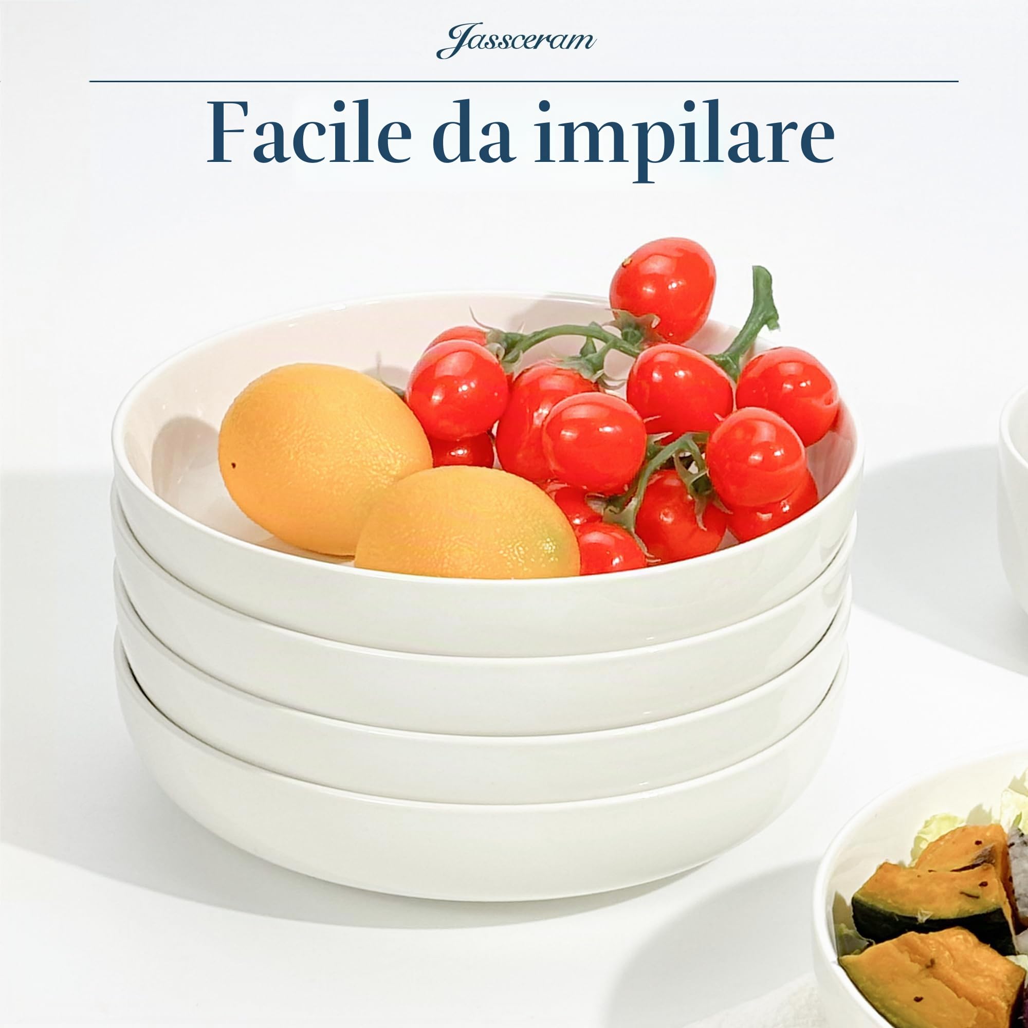 Jassceram - Set di 6 ciotole per pasta da 21.5 cm, 1050 g, in porcellana, per insalata, piatti fondi larghi per la cucina, rotondi, stoviglie da pranzo - Adatto per lavastoviglie, microonde, forno