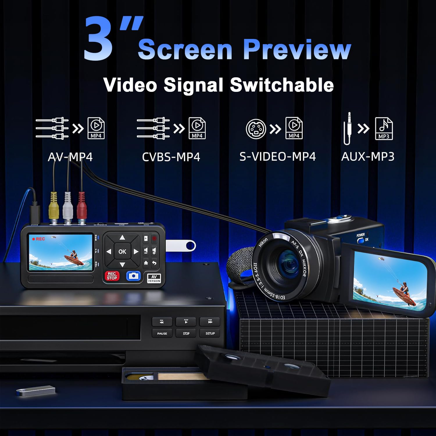 Convertitore portatile da VHS a digitale con telecomando, video a registratore digitale autonomo per registrazione di nastri VHS, VCR, DVR, DVD, Hi8, lettore DV, RCA, CVBS, TV Box, videocamera
