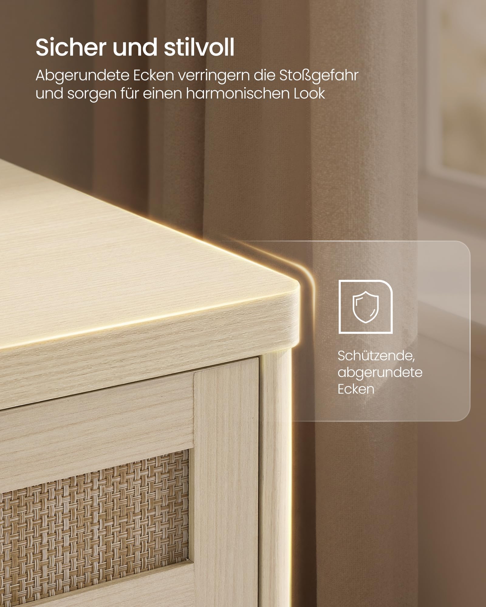 VASAGLE ELLAN Kollektion - Küchenschrank, Sideboard Boho-Stil, Türen in Rattan-Optik, Aufbewahrungsschrank, abgerundete Ecken, verstellbare Ablage, Schublade, Küche, naturbeige BBK601LC01