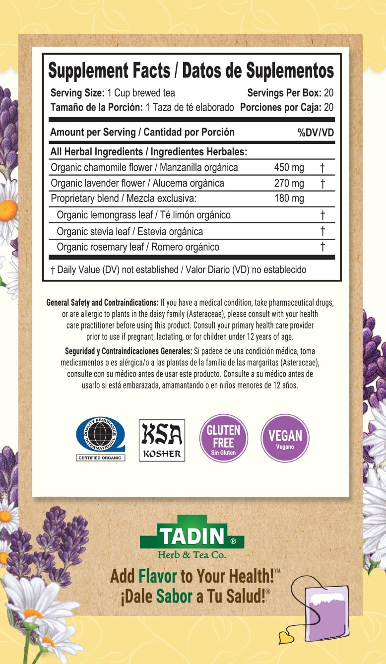 Tadin Organic Chamomile Lavender Tea, Caffeine Free Herbal Tea to Promote Serenity, 20 Tea Bags Per Box, Pack of 6 - Image 2