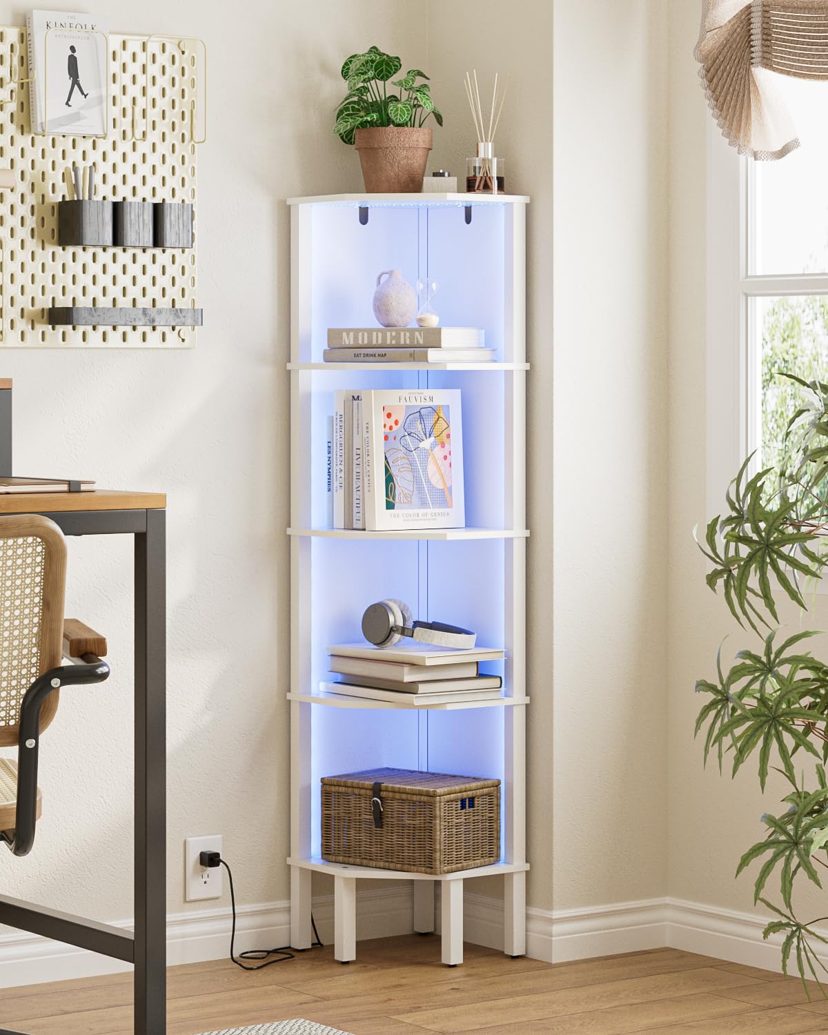 Scaffale angolare a LED con illuminazione, 5 ripiani, libreria angolare, scaffale per piante, per soggiorno, ufficio, camera da letto, 127 x 29 x 29 cm, bianco