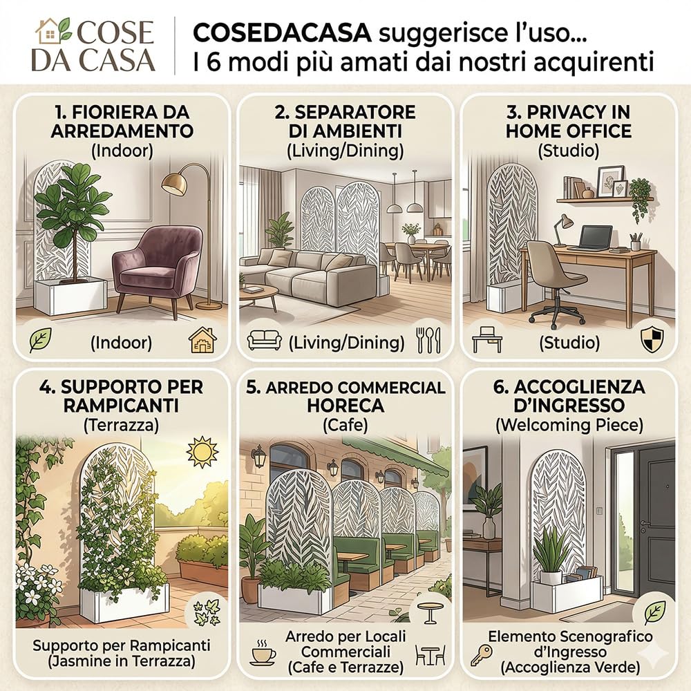 Fioriera in Metallo Bianca con Spalliera ad Arco per Piante Rampicanti Pannello Divisorio Privacy e Separatore per Esterno e Interno L90xP33x alta 180 cm Design Elegante e Moderno separe'