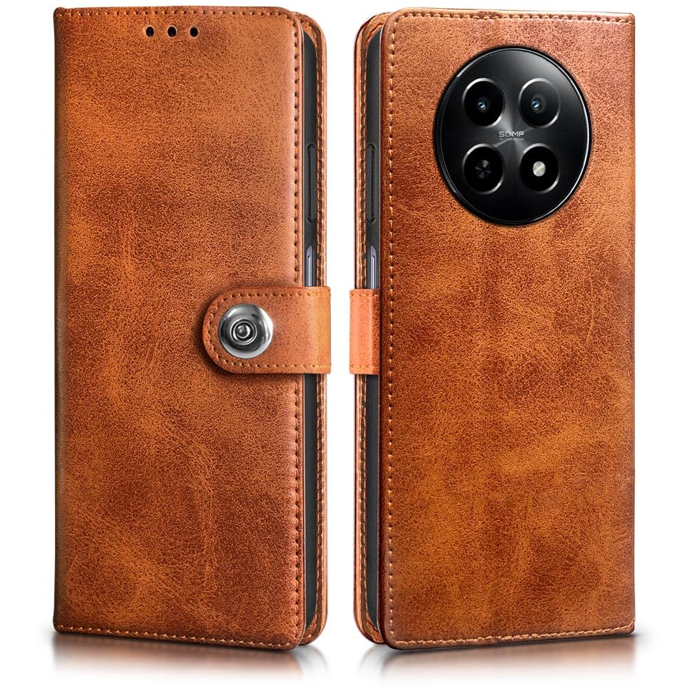 WOW IMAGINE Shockproof Flip Cover Back Case for Realme 13 5G | Realme 12 5G | 12X 5G | Narzo 70x 5G | C65 5G | N65 (Designer Button Flip Case | Inbuilt Wallet Pockets | Leather Finish | Alder Brown)