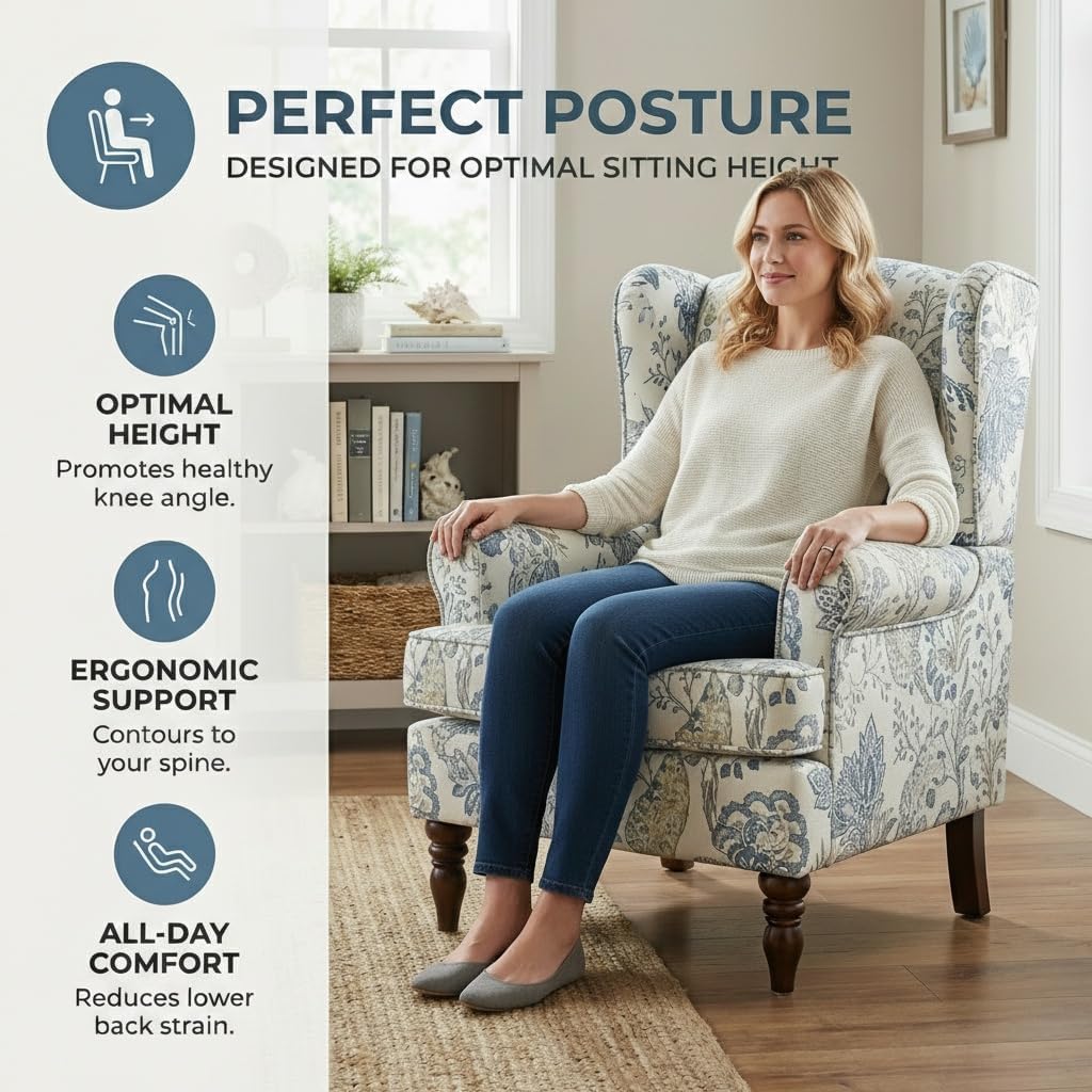 Mid Century Wingback Accent Chair,Modern Linen Fabric Upholstered Armchair with Retro Wooden Legs,Floral Pattern Single Sofa Chair,Comfy Reading Chair for Living Room, Bedroom, Office (Blue Floral)