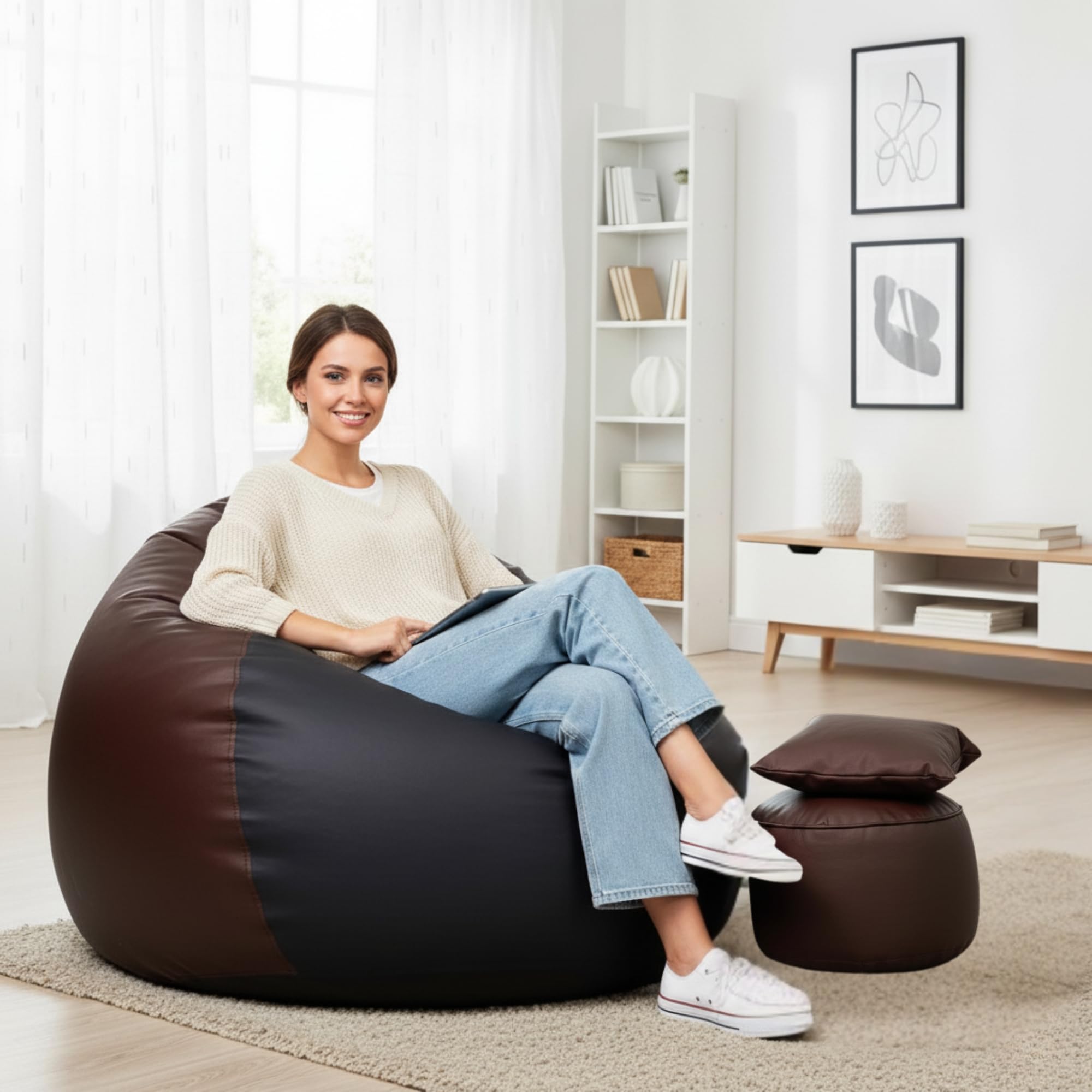 Biggie Bean Bag with Beans Filled 6XL Bean Bag with Free Cushion & Footrest - Official : ElegantPuffPod Combo (Matching Color : Regular, Black Brown)