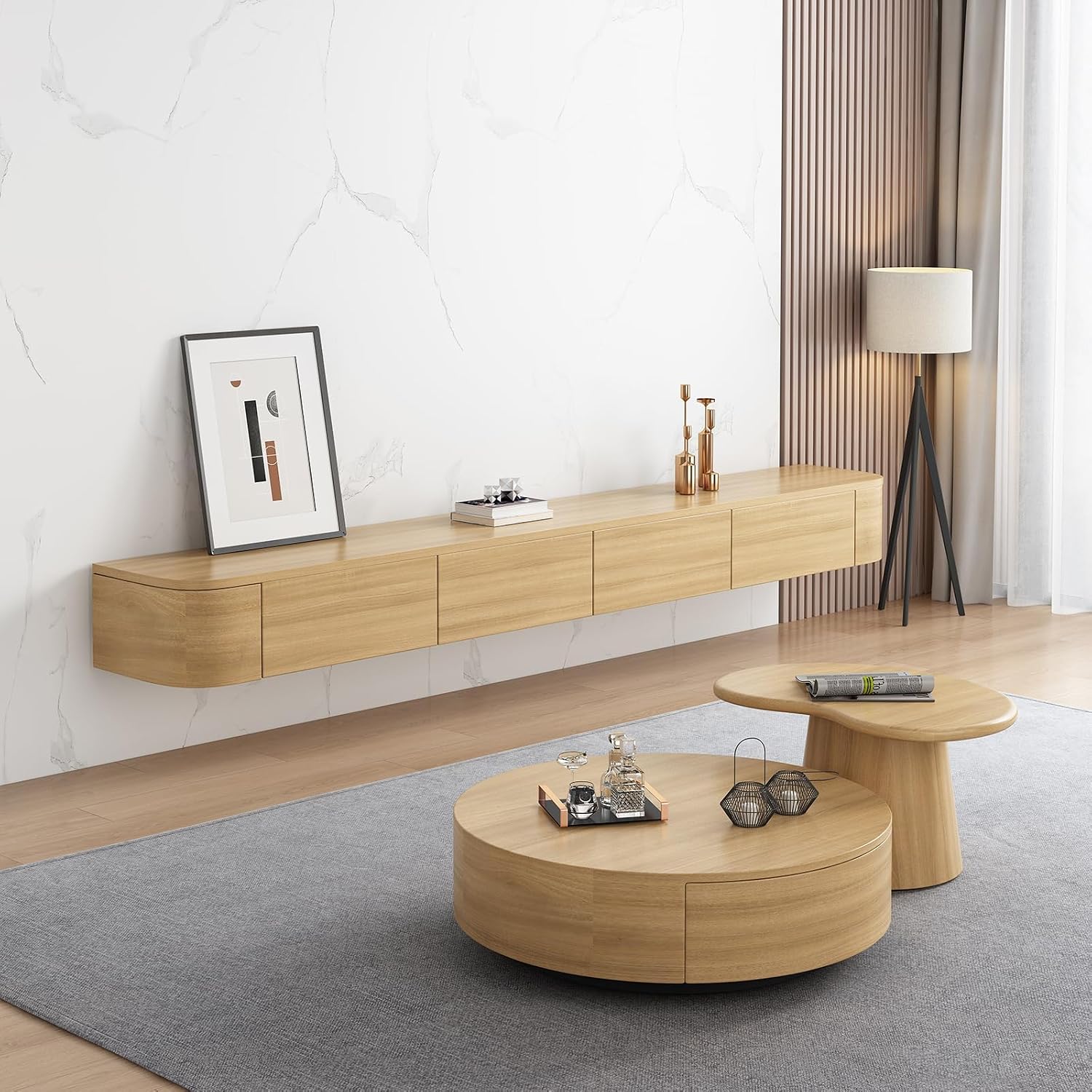 Floating TV Stand Wall Mounted – Wall Entertainment Center with Flip-Down Doors & Drawers, Modern Hanging TV Shelf for Living Room, Media Console for 65/75 80 Inch TVs (Wood, 118 IN/300CM)