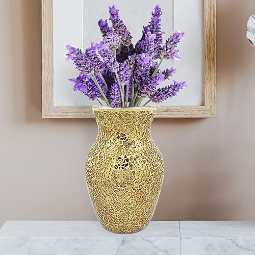 Miniatura 2 de Keebgyy Jarrón de vidrio de mosaico para decoración del hogar, jarrones de vidrio agrietado dorado para flores, jarrón de centro de mesa con