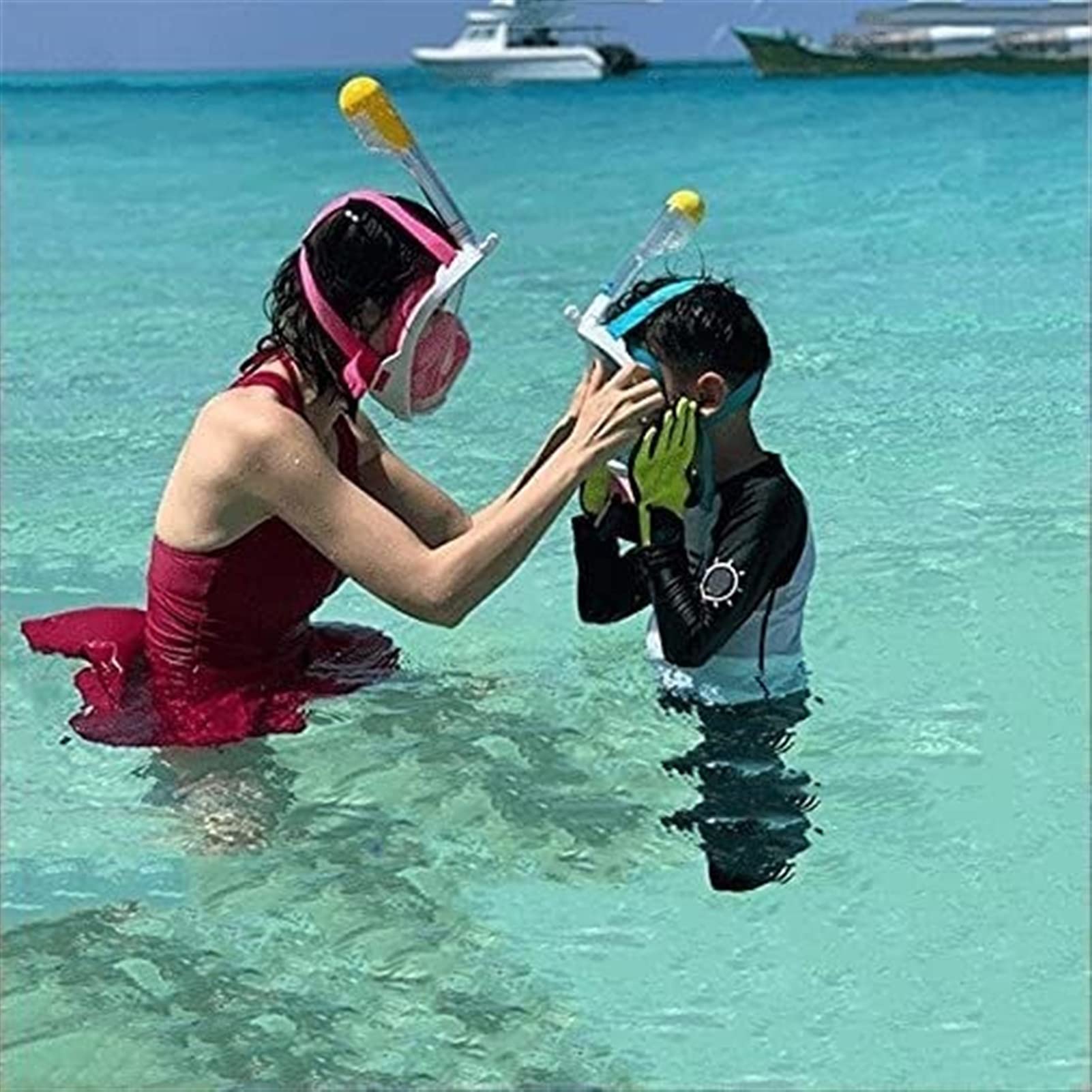maschera da immersione, Maschera da snorkeling integrale in silicone, boccaglio subacqueo a 180°, maschera sub a bocca piatta di tipo asciutto, adatta for adulti e bambini