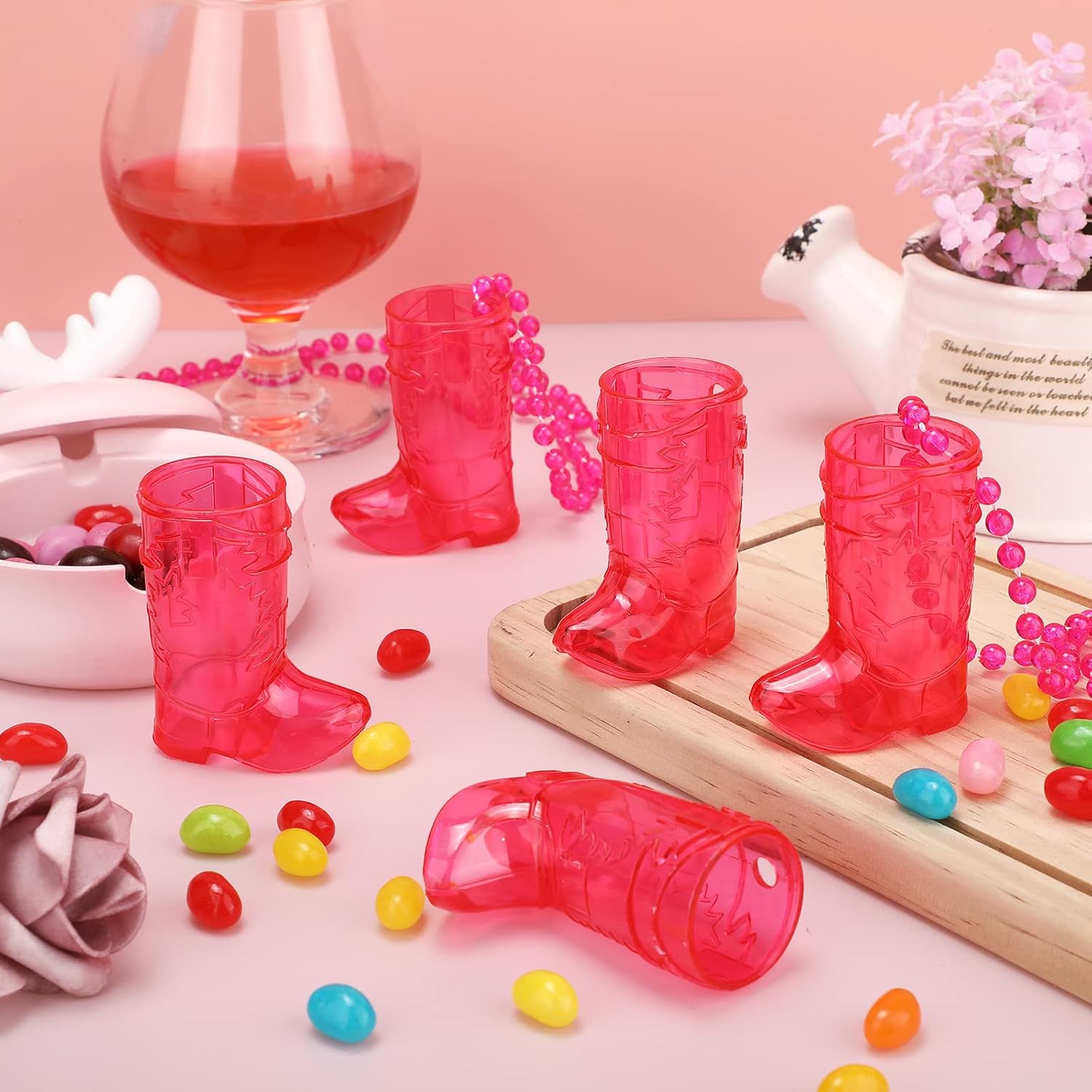 Sieral 36 Pcs Cowboy Boot Shot Glasses on Beaded Necklace Plastic Reusable Cowgirl Shot Boot Glasses Necklace Party Cups for Cowboy Cowgirl Bachelorette Carnival Western Birthday (Transparent Rose)