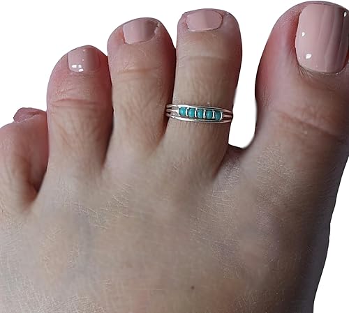 Miniatura 2 de Anillo de dedo del pie ajustable de triple banda con cuentas de color plata y turquesa hecho a mano, plata de ley 925, finos y pequeños y delicados
