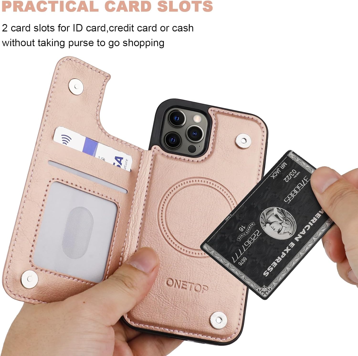 ONETOP Compatible with Magsafe for iPhone 12/12 Pro Wallet Case with Card Holder, PU Leather Kickstand RFID Blocking Case, Double Magnetic Clasp and Durable Shockproof Cover 6.1 Inch (Rose Gold)