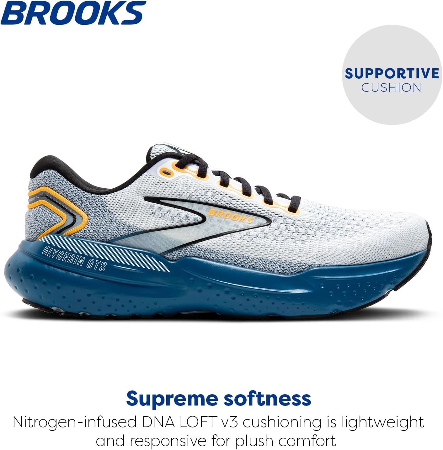 Brooks Men's Glycerin GTS 21 Supportive Running Shoe - White/Sapphire/Orange - 8 Medium - Image 2