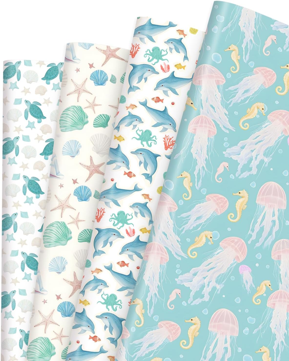 Ocean Birthday Wrapping Paper for Kids Boys Girls, 12 Sheets Cute Sea Animal Gift Wrap with Turtle Dolphin Jellyfish Seahorses, Under the Sea Theme for Baby Shower Summer Party Gifts Graduation, 19.7 x 27.6 Inch