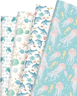 Pineraap 12 Sheet Ocean Theme Wrapping Paper, Sea Life Coral Turtle Jellyfish Kraft Gift Wrap Paper Folded Flat Shells Dolphin Paper for Birthday Wedding Baby Shower DIY Crafts, 19.7 x 27.6 Inch