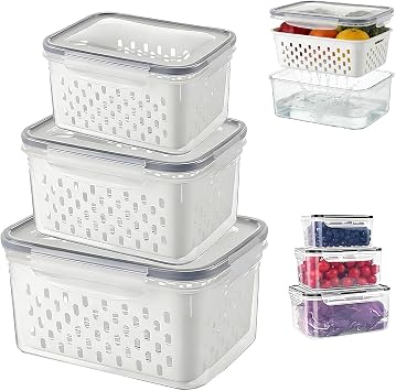 QUROXO 4 in 1 Food Storage Container-3 Piece Set, Household Transparent Plastic Food Storage Box with Lids, Food Fruit Storage Containers for Fridge with Drain Basket Gray