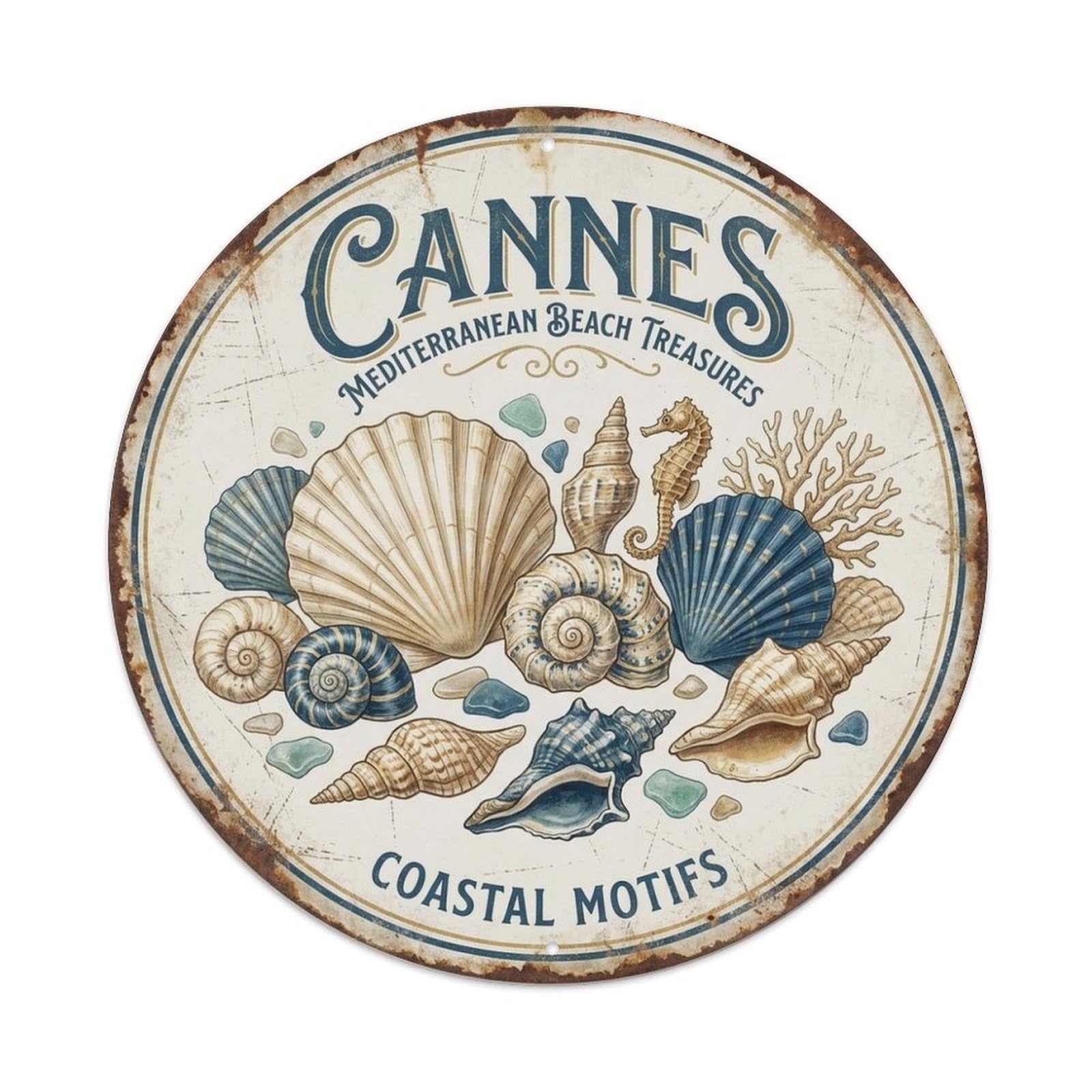 Cannes Seashell Pattern Mediterranean Travel Vintage Metal Tin Sign